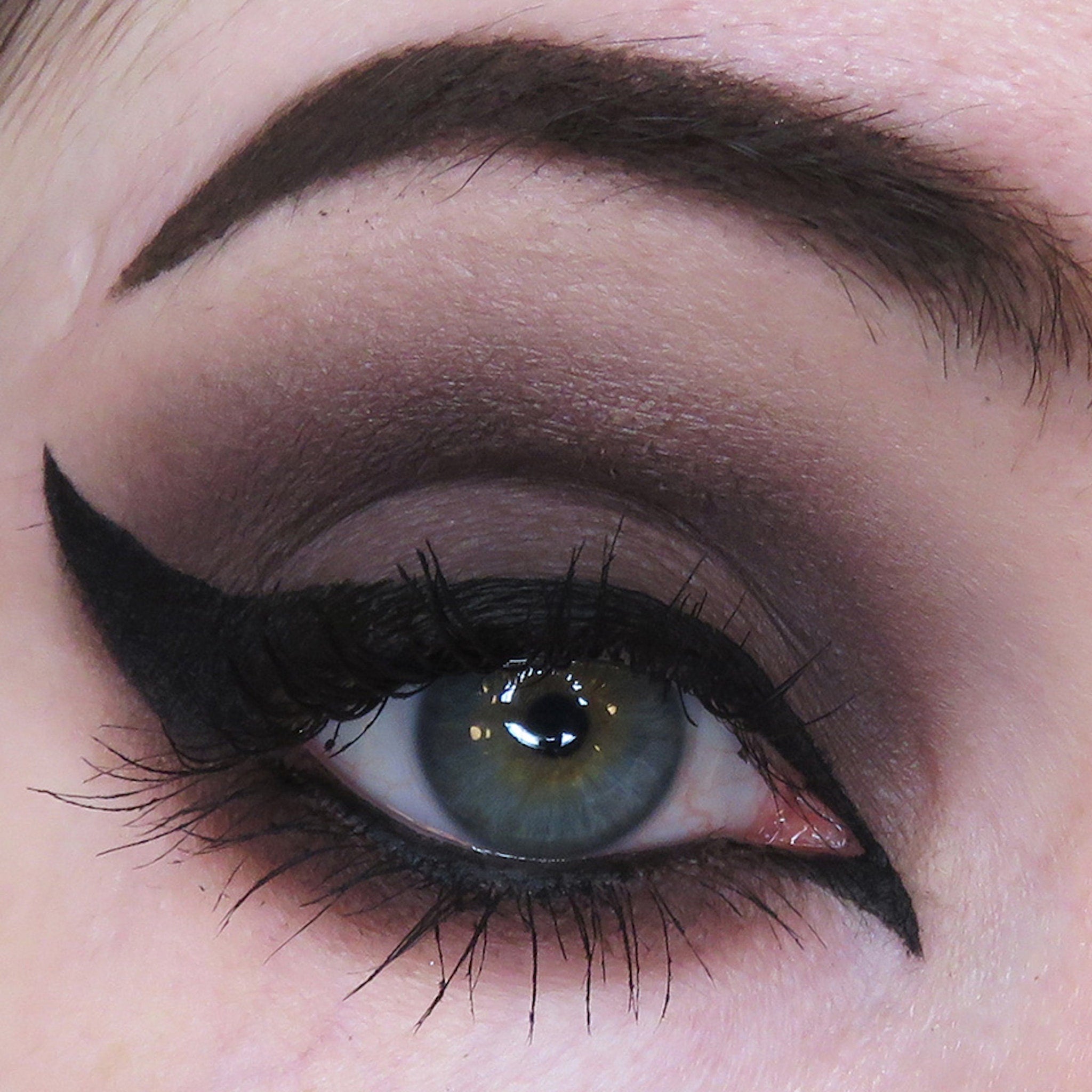 Eyeliner makeup with black wing and dark eyeshadow on eye with visible lashes and eyebrow