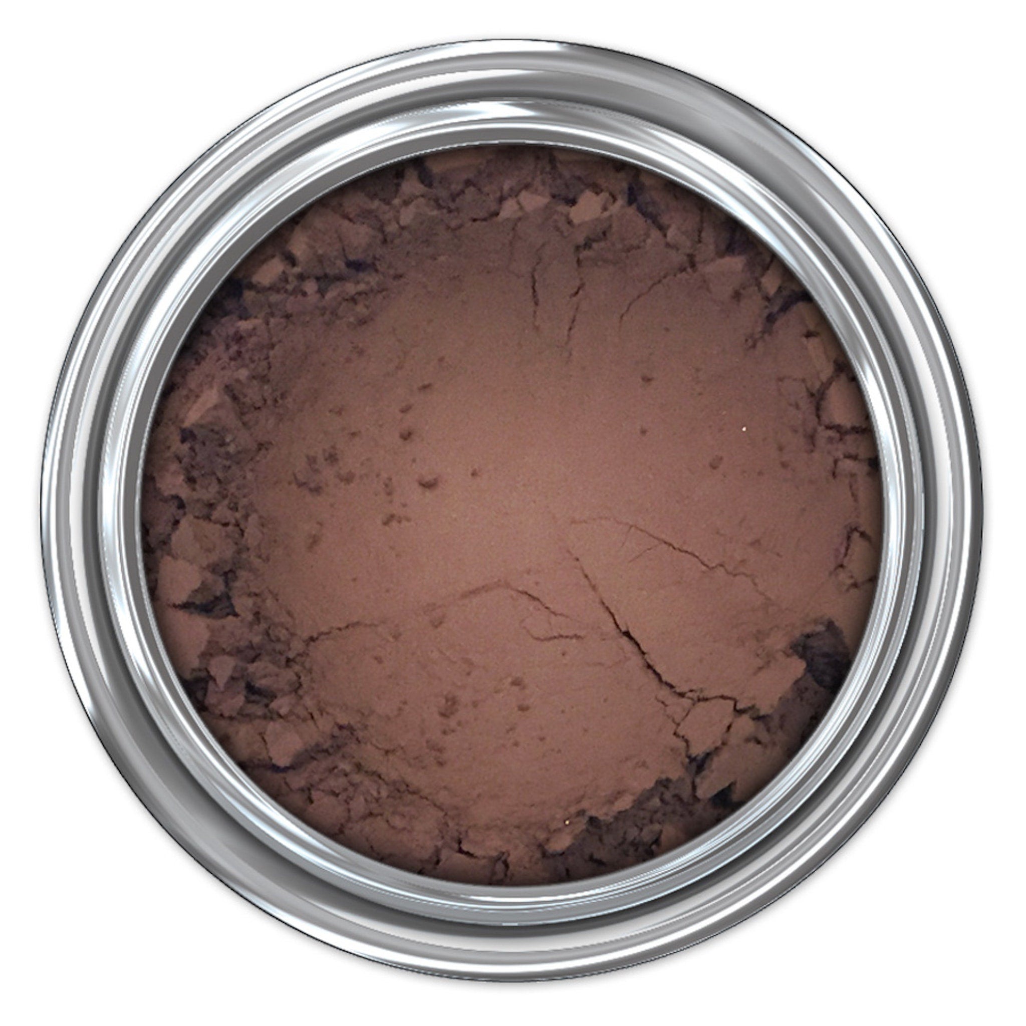 Brown powder makeup in a silver metal container, showing texture and cracks
