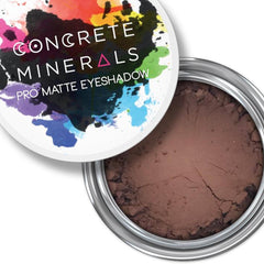Eyeshadow powder, brown matte color in a metal container, Concrete Minerals branding visible