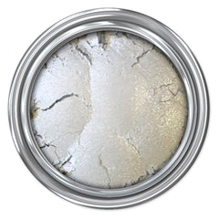 Close-up of shimmering frost eyeshadow pan showing finely milled mineral powder texture in cool-toned palette