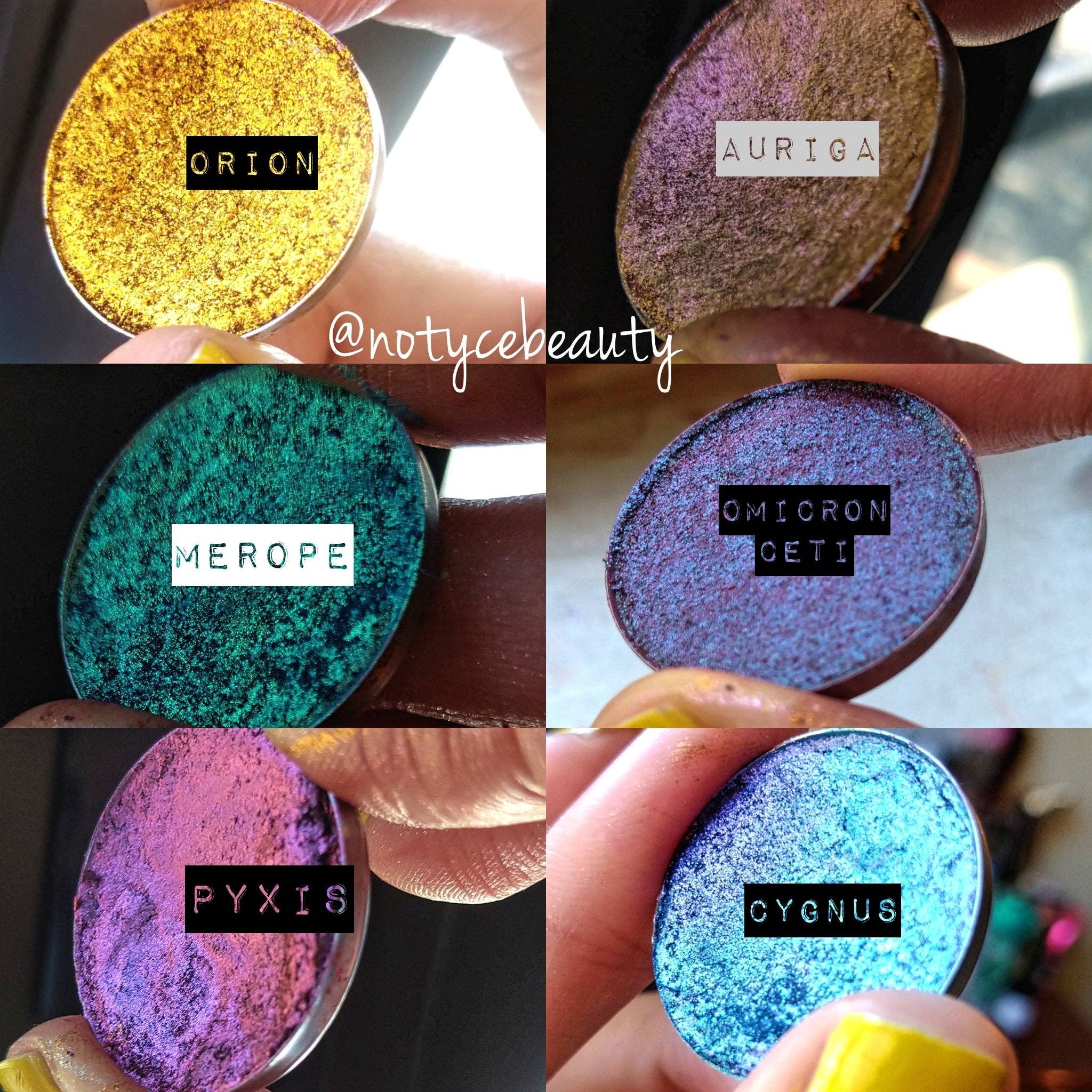 Close-up of multichrome eyeshadow pan with shimmery sparkle applied on eyelid, showing color shift effect