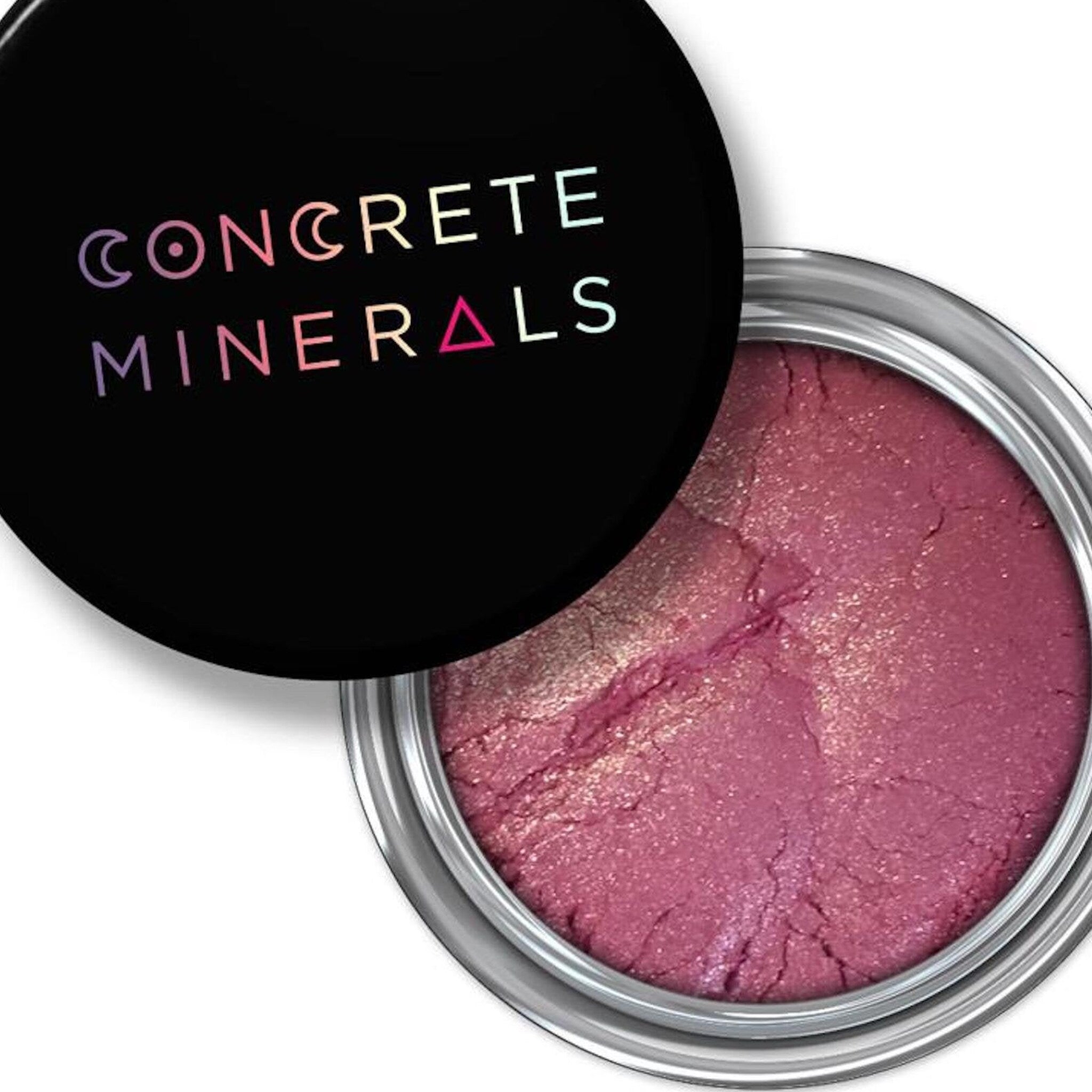 Mineral eyeshadow with pink and gold shimmer, in a silver pot, Concrete Minerals brand