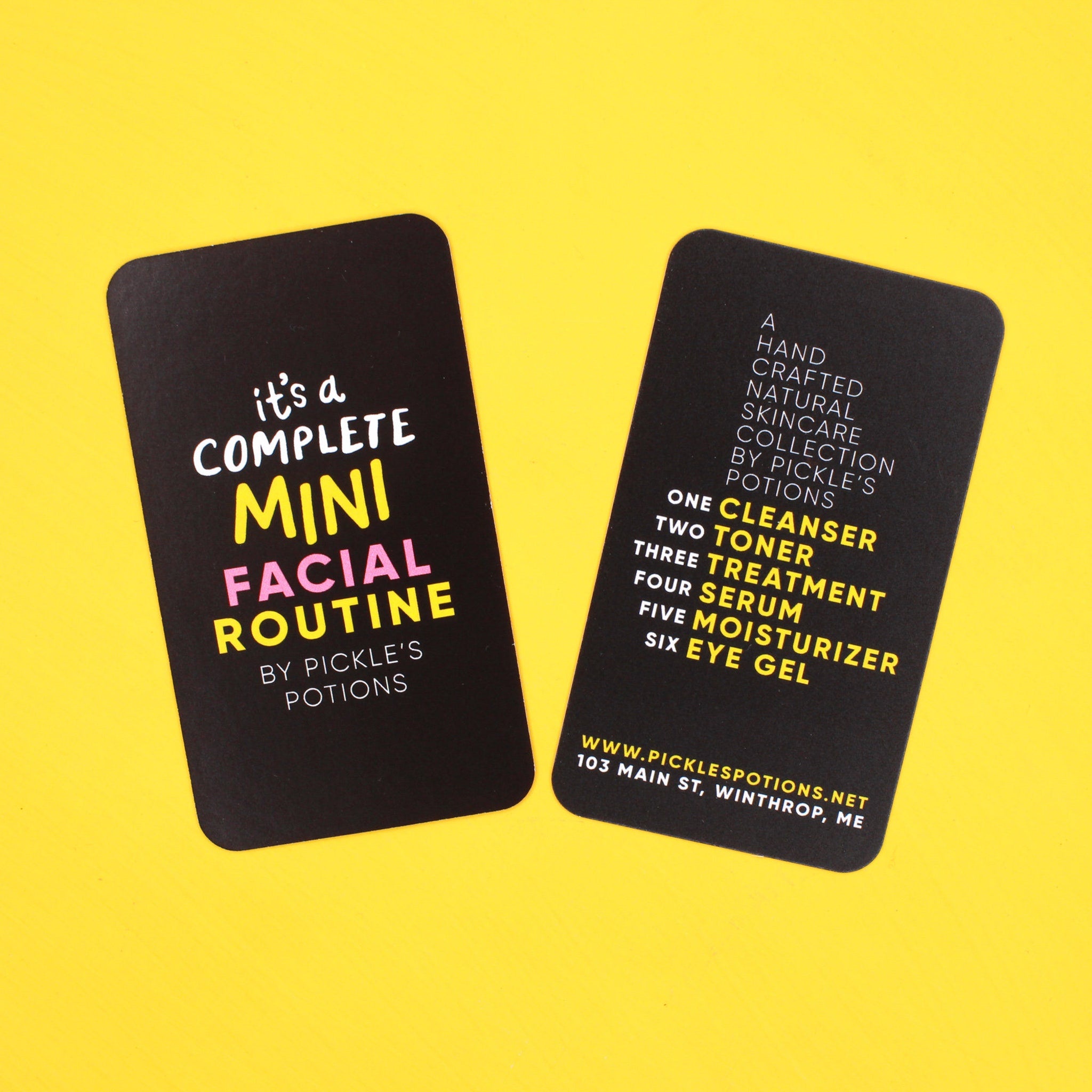 Mini facial routine cards, black with white and yellow text, on yellow background by Pickle's Potions