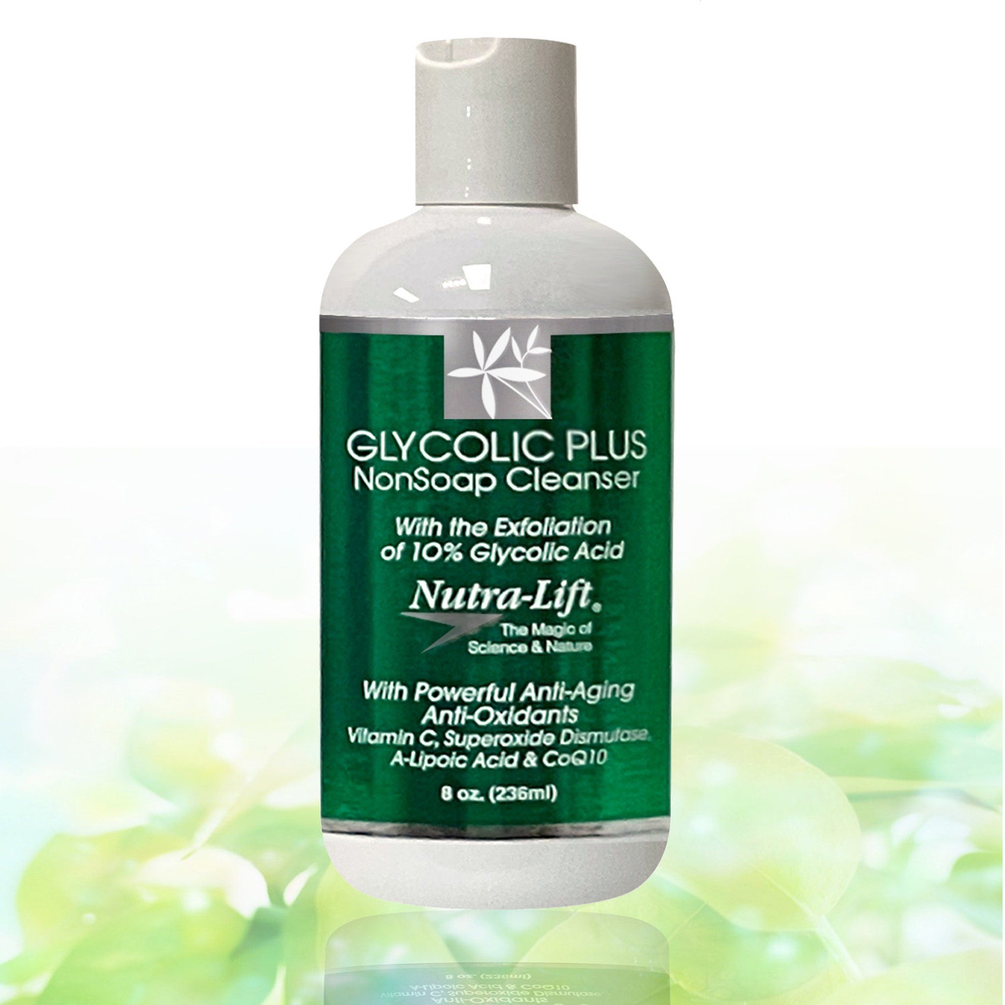 Facial cleanser bottle with green label, white cap, and Nutra-Lift brand text visible