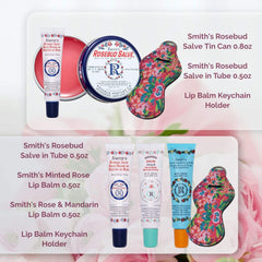 Lip balm keychain holder, floral print fabric, pink, green, and blue colors, with key ring