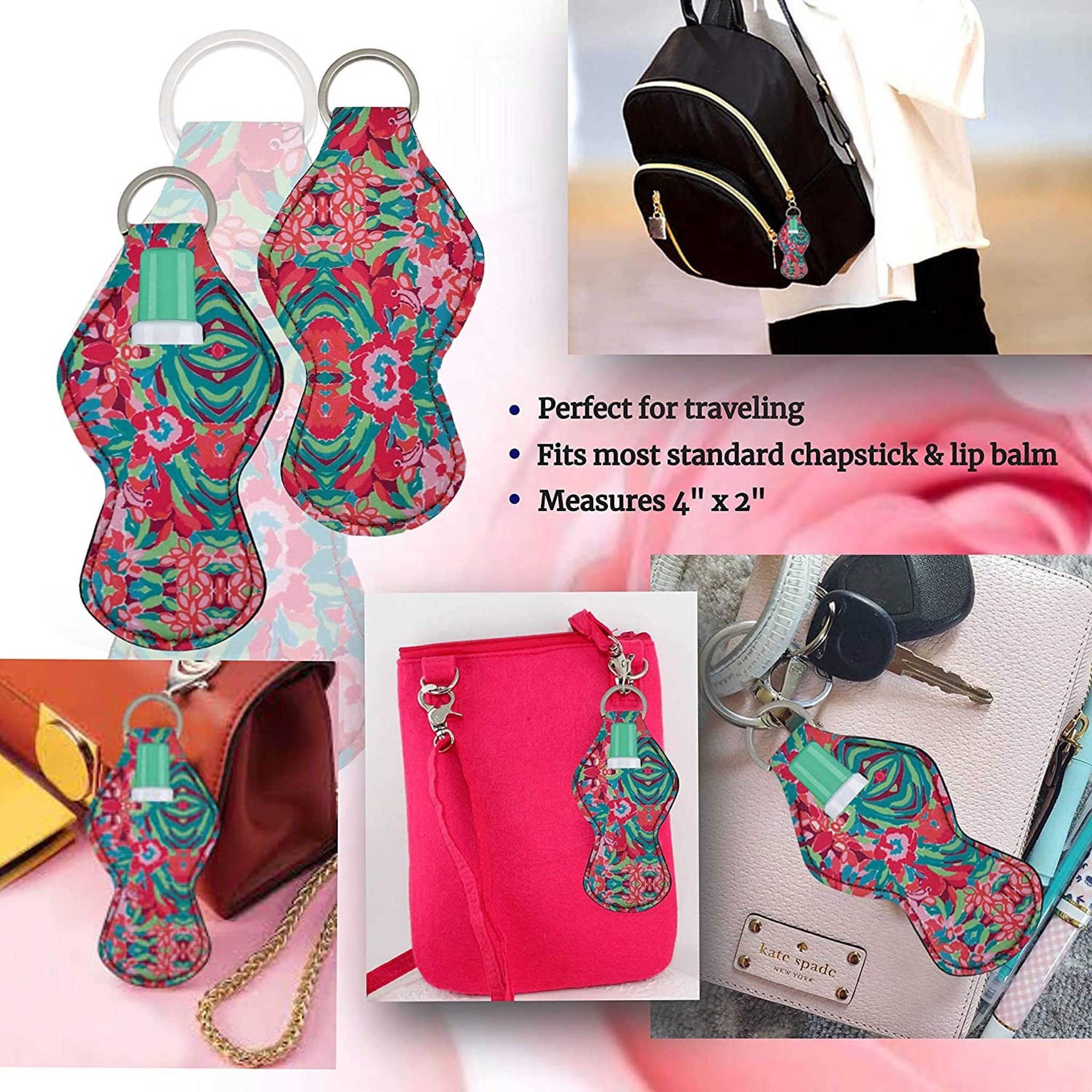 Lip balm holder with floral pattern, green lip balm, and silver keyring for carrying