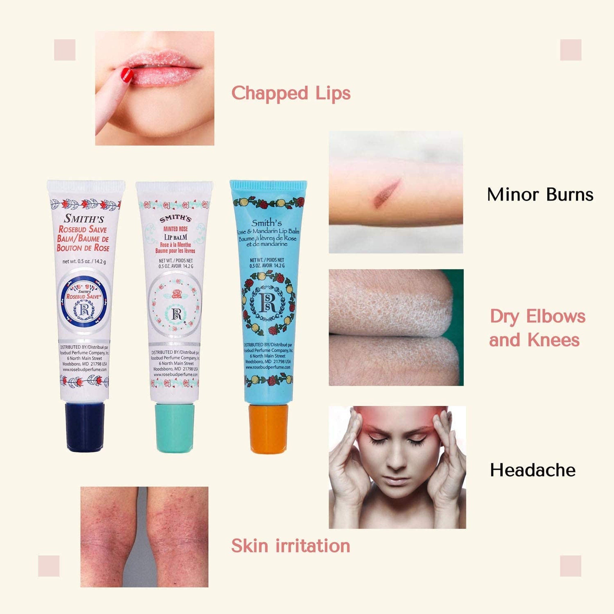 Lip balm tubes in blue, teal, and orange with brand name Smith's, for chapped lips and skin irritation