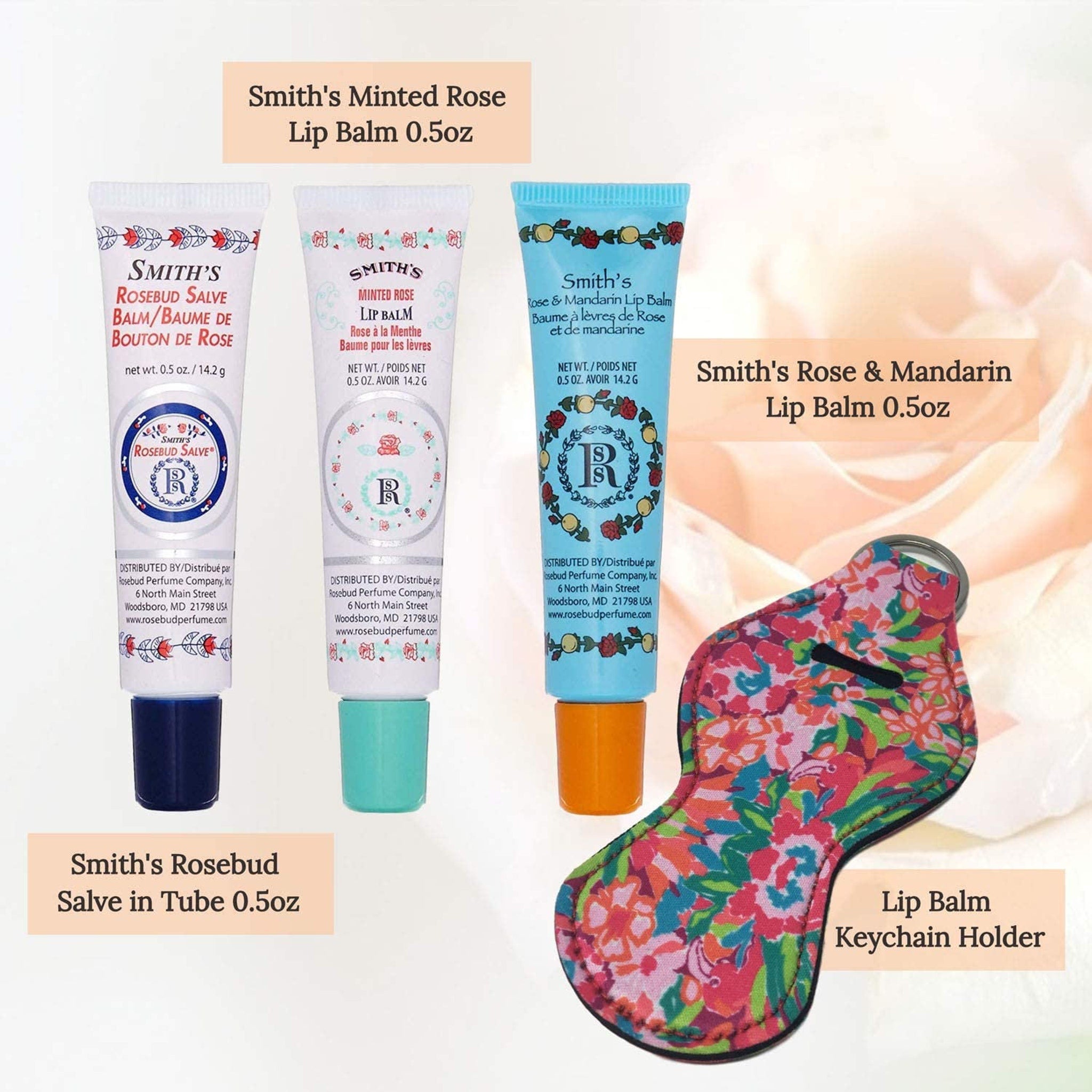 Lip balm tubes in white, blue, and teal with floral designs, Smith's brand text visible, and keychain holder