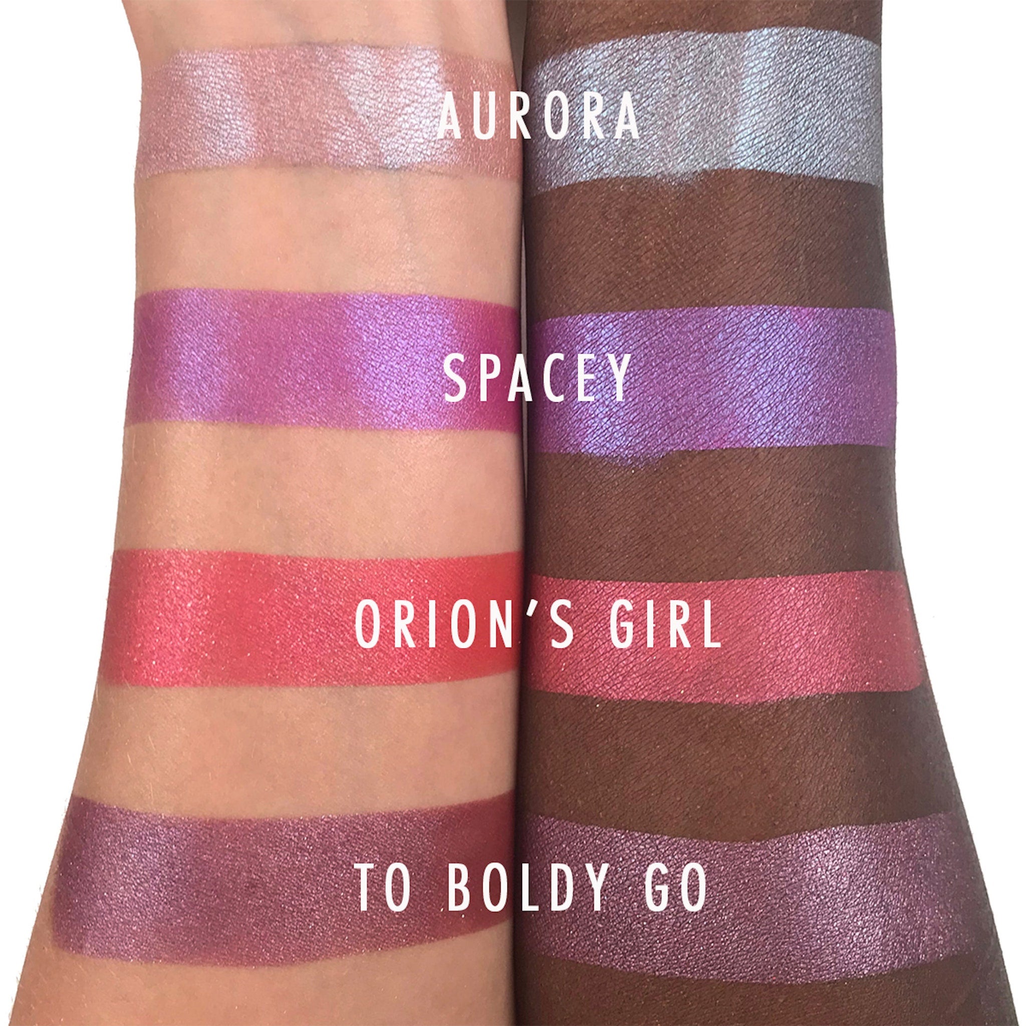 Swatches of eyeshadow colors in pink, purple, and silver with text labels Aurora, Spacey, Orion's Girl, and To Boldy Go