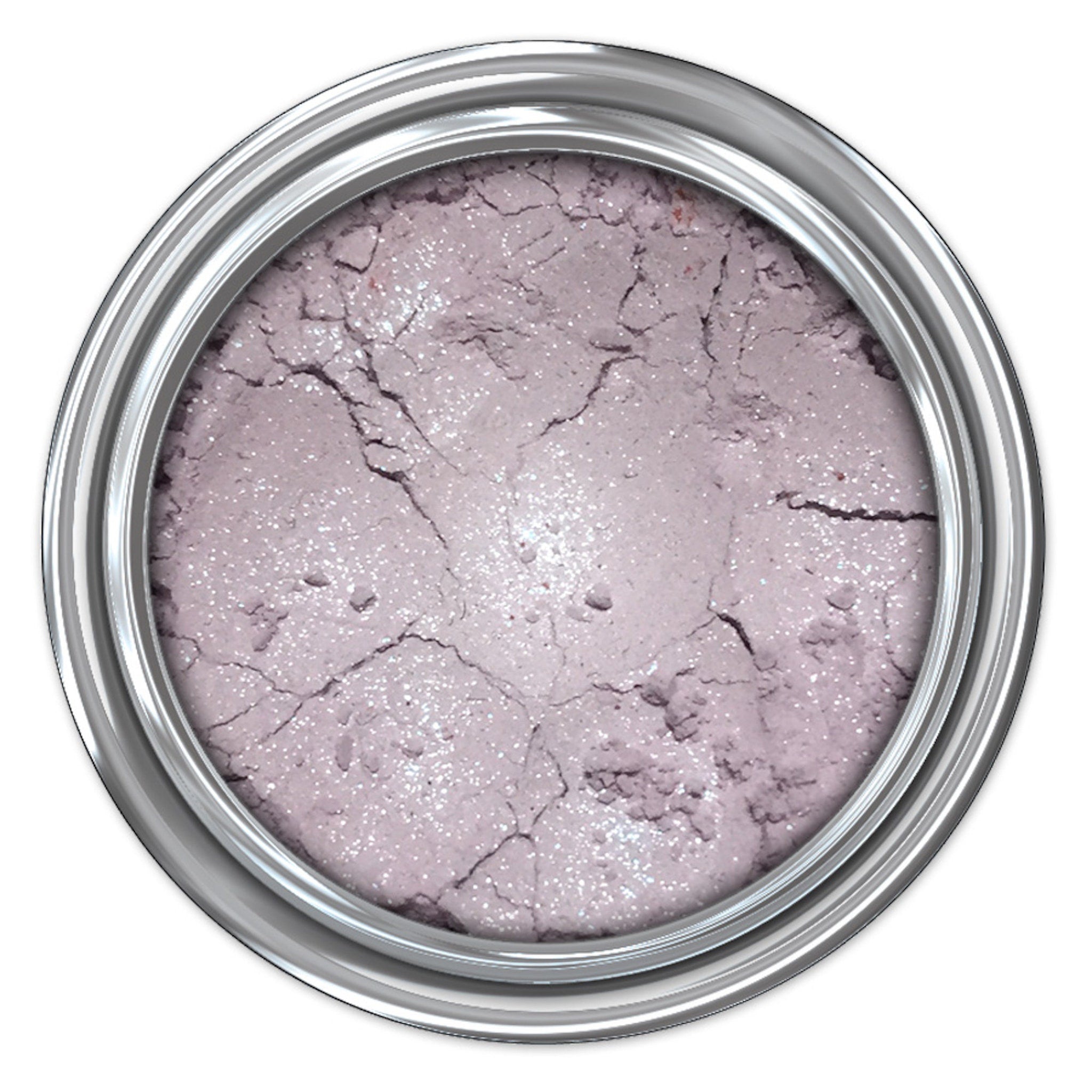 Powder eyeshadow in lilac with silver shimmer and cracked texture in a silver container