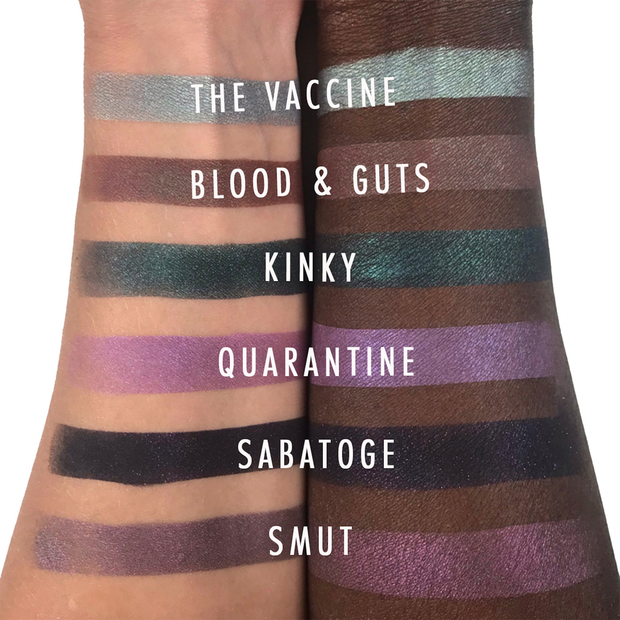 Eyeshadow swatches in various colors, including green, purple, and brown, on arms, with text labels