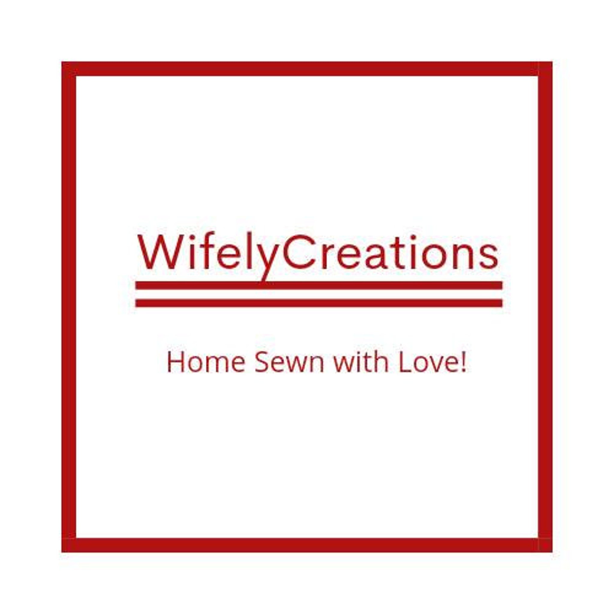 WifelyCreations logo with red border and text, white background, and "Home Sewn with Love" text