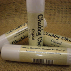 Lip balm tubes with white and tan labels, black text, and "Chubby Cho" brand name