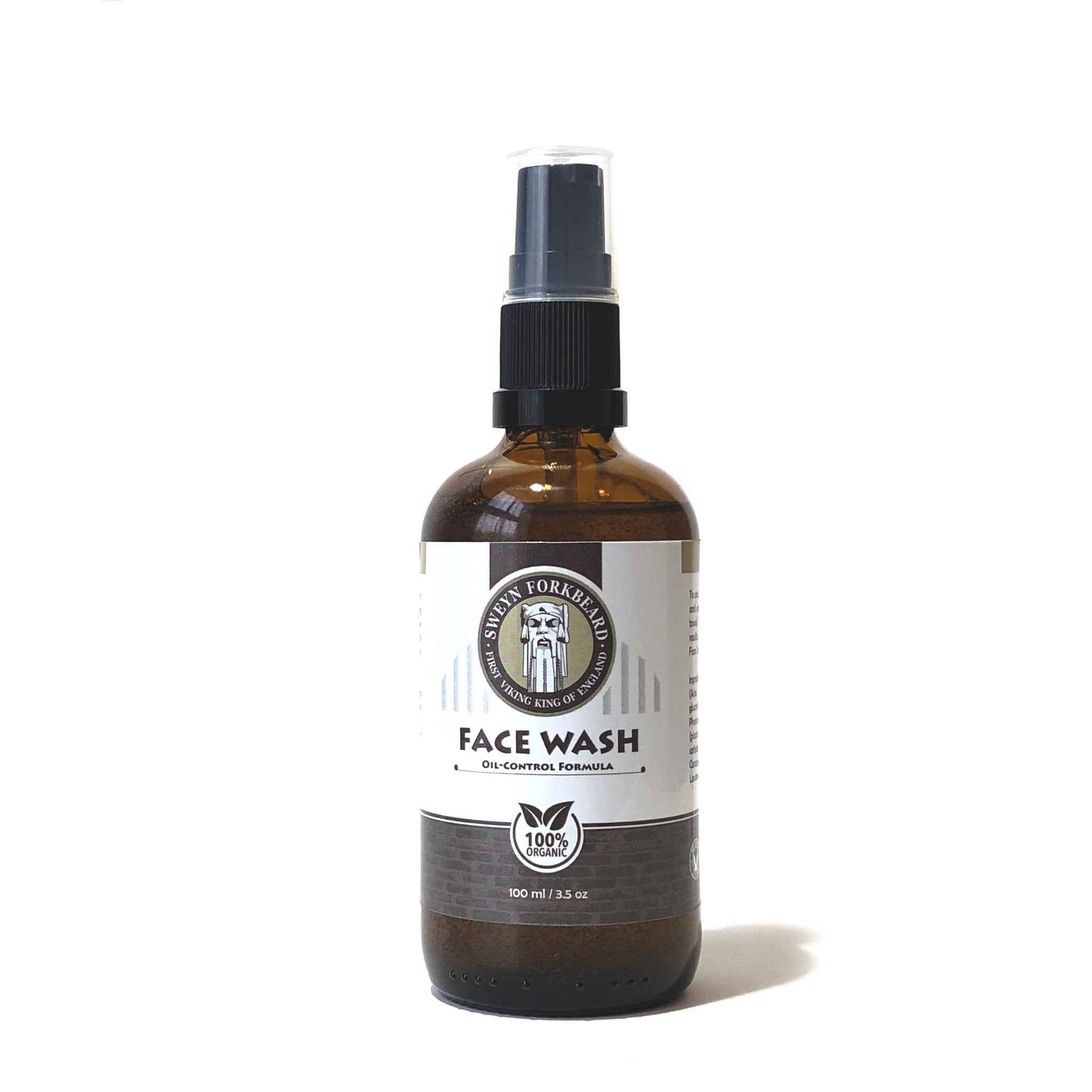 Face wash bottle with brown glass, black pump, and Sweyn Forkbeard label