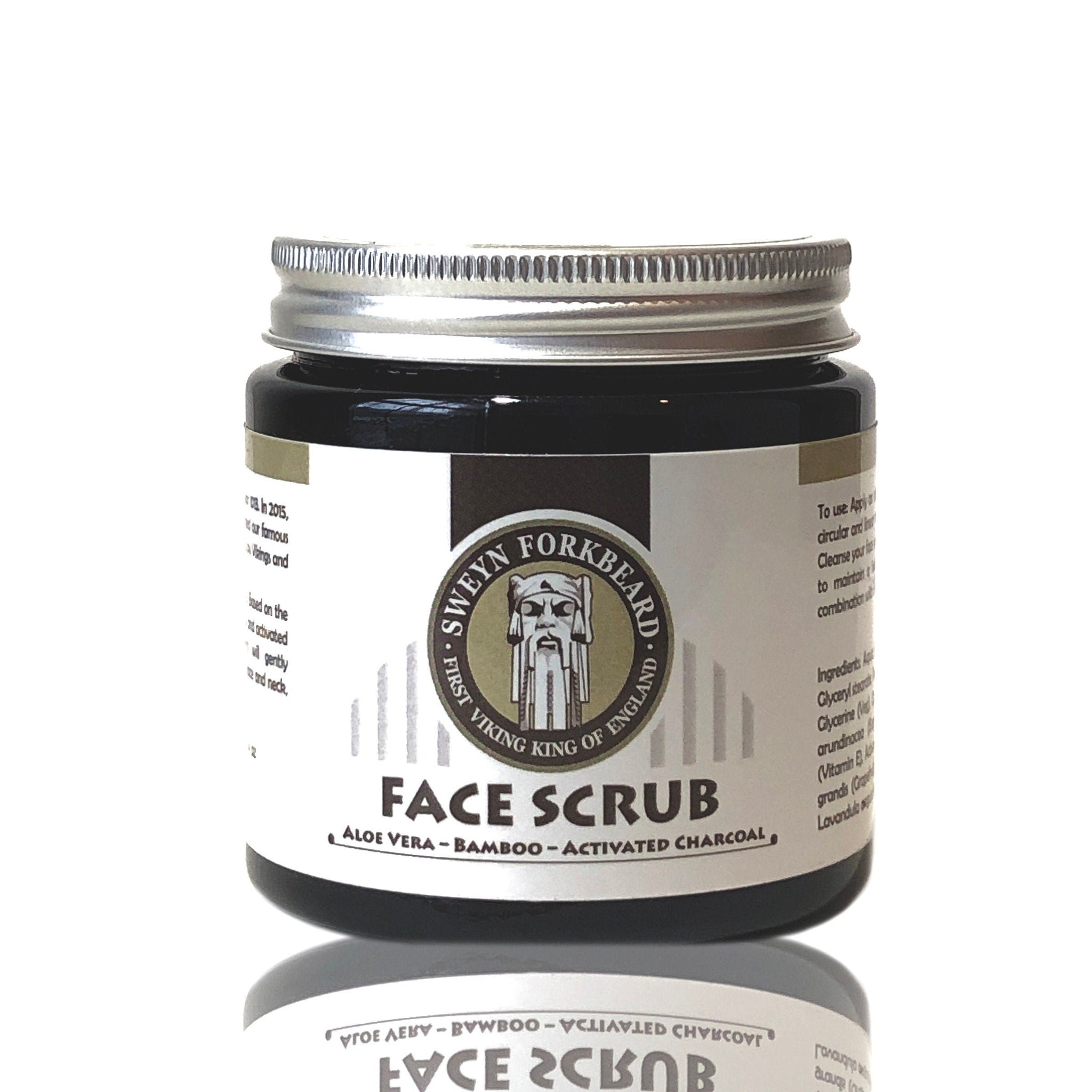 Face scrub jar with black glass, silver lid, and Sweyn Forkbeard label