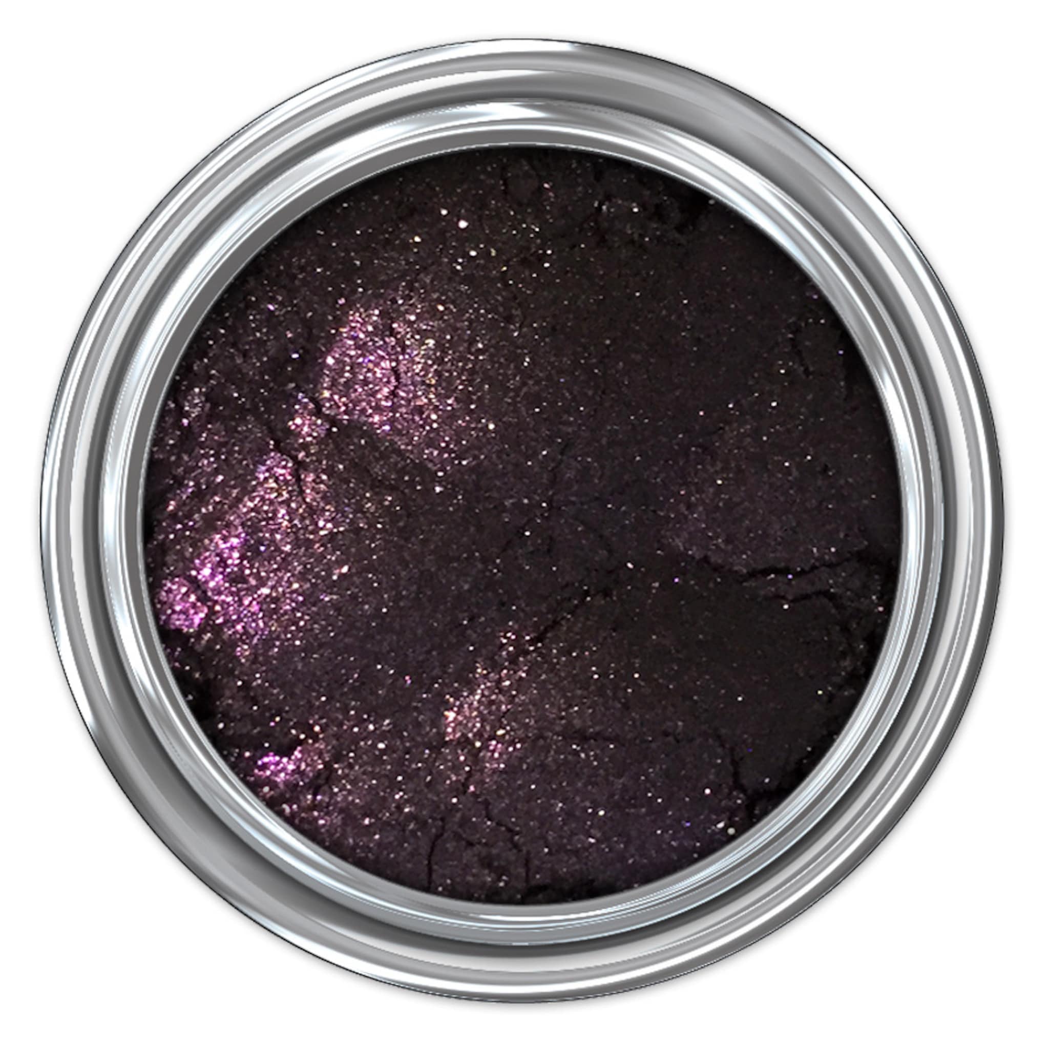 Eyeshadow, dark purple with silver shimmer, in a silver tin