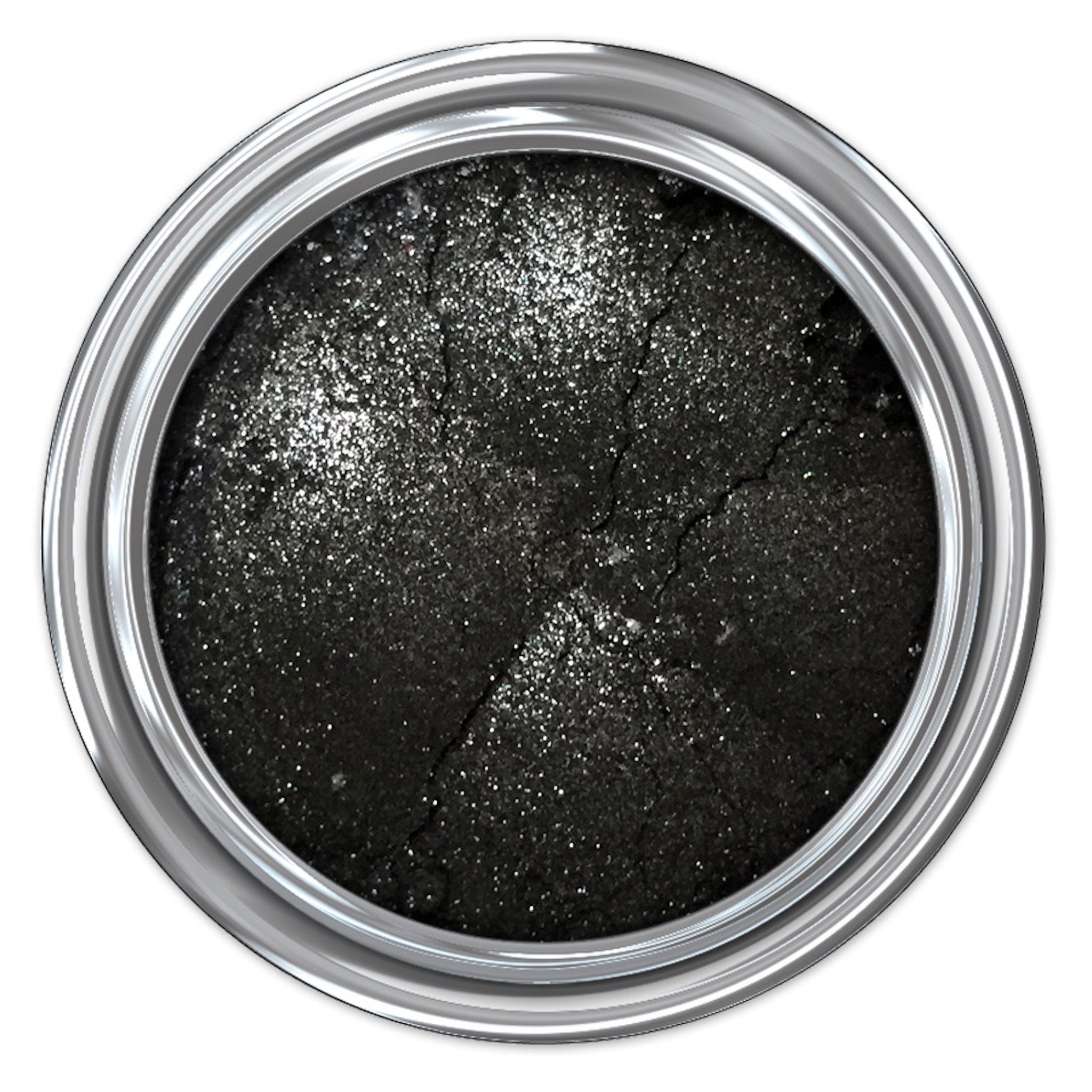 Close-up of matte black mineral eyeshadow pan with smooth, pigmented powder texture and vegan certification label