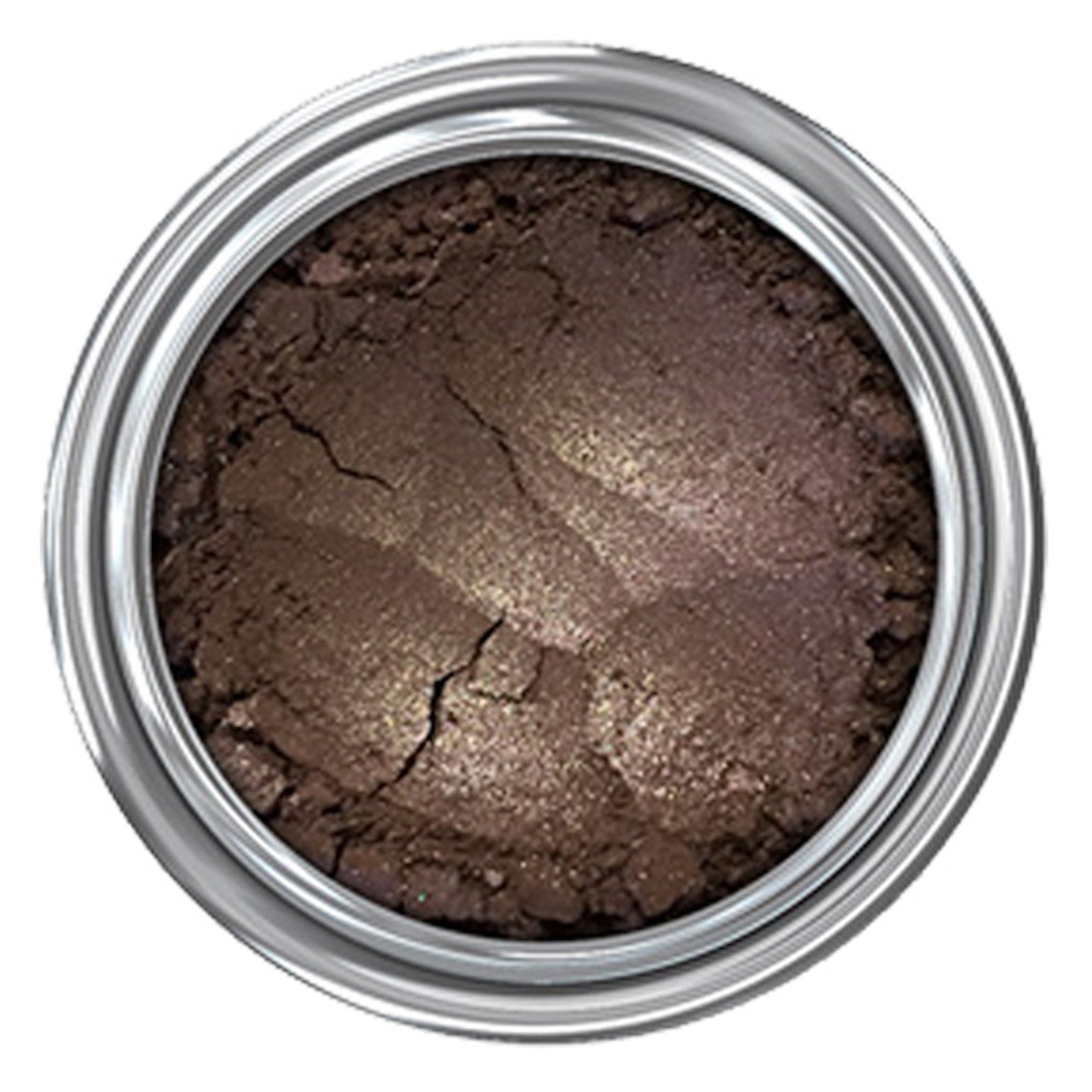 Eye shadow, brown powder with metallic shimmer, contained in a silver metal tin.