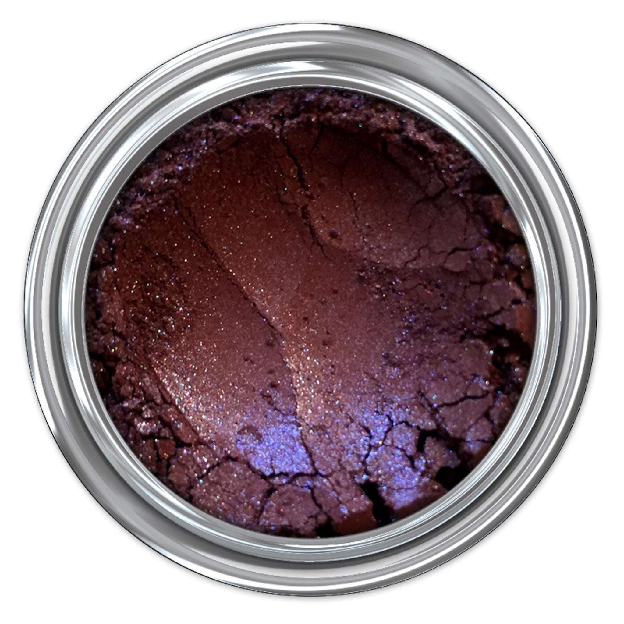 Eye shadow, brown and purple metallic powder in a silver container