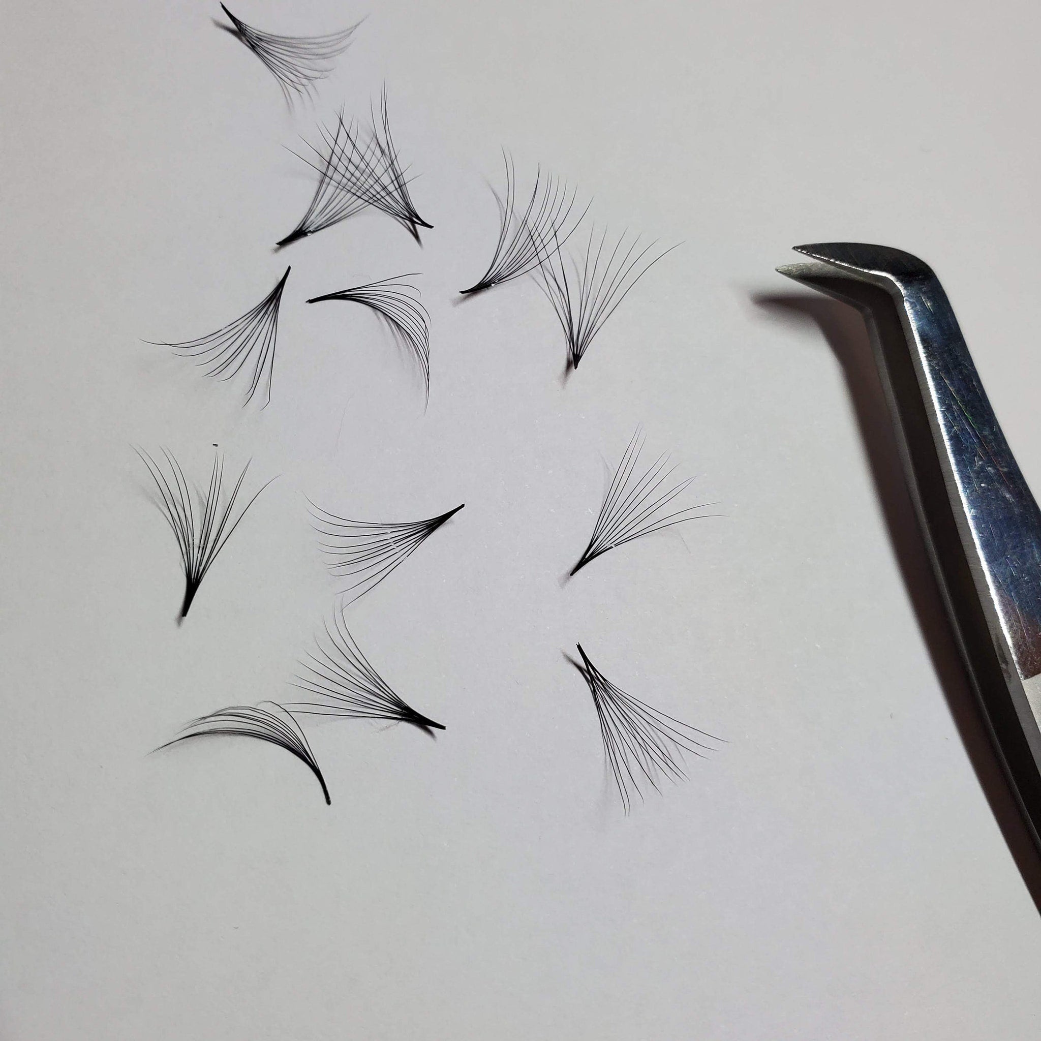 Eyelash extensions black fan-shaped lashes with silver tweezers on white surface