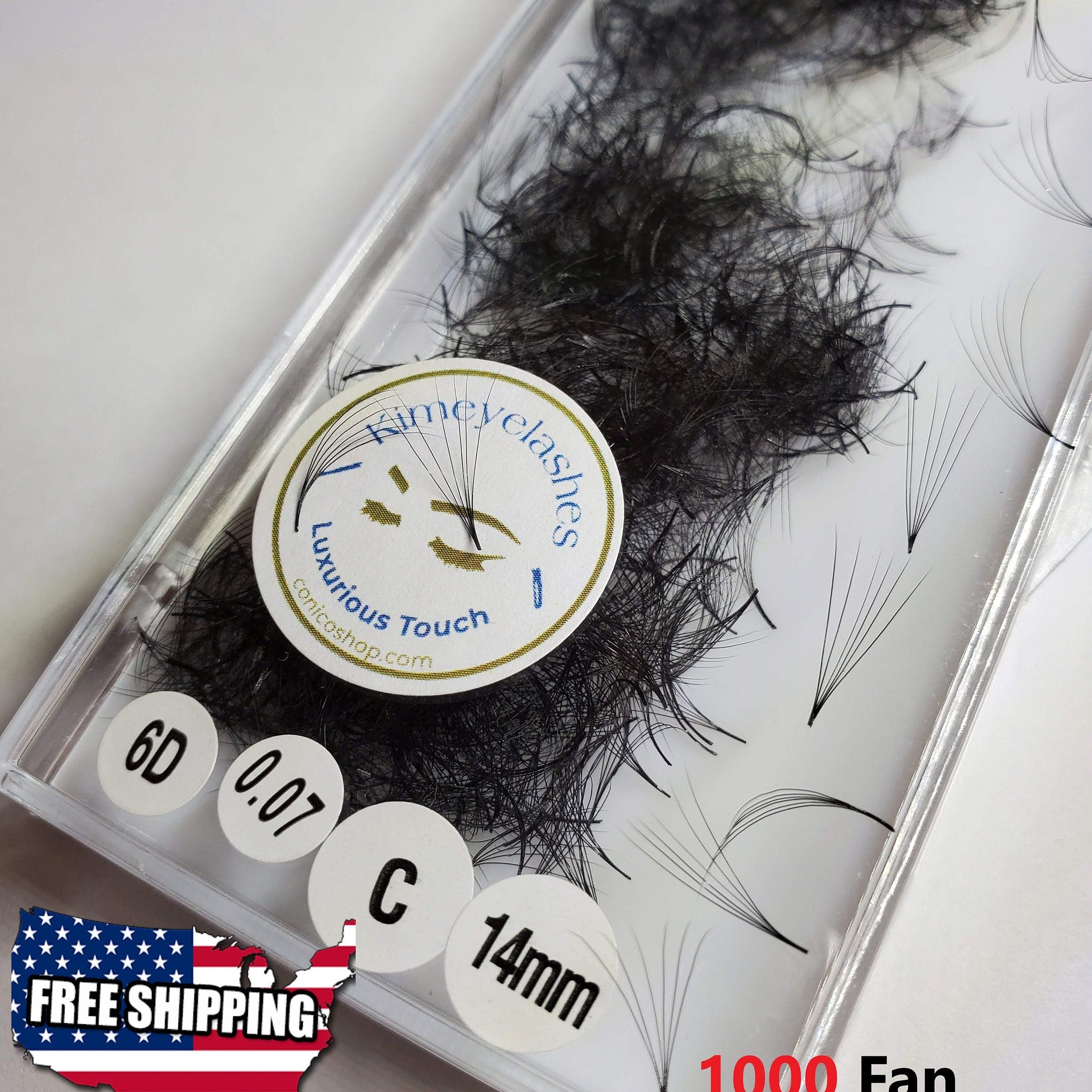 Kimeyelashes black eyelash extensions in clear container with white labels and text