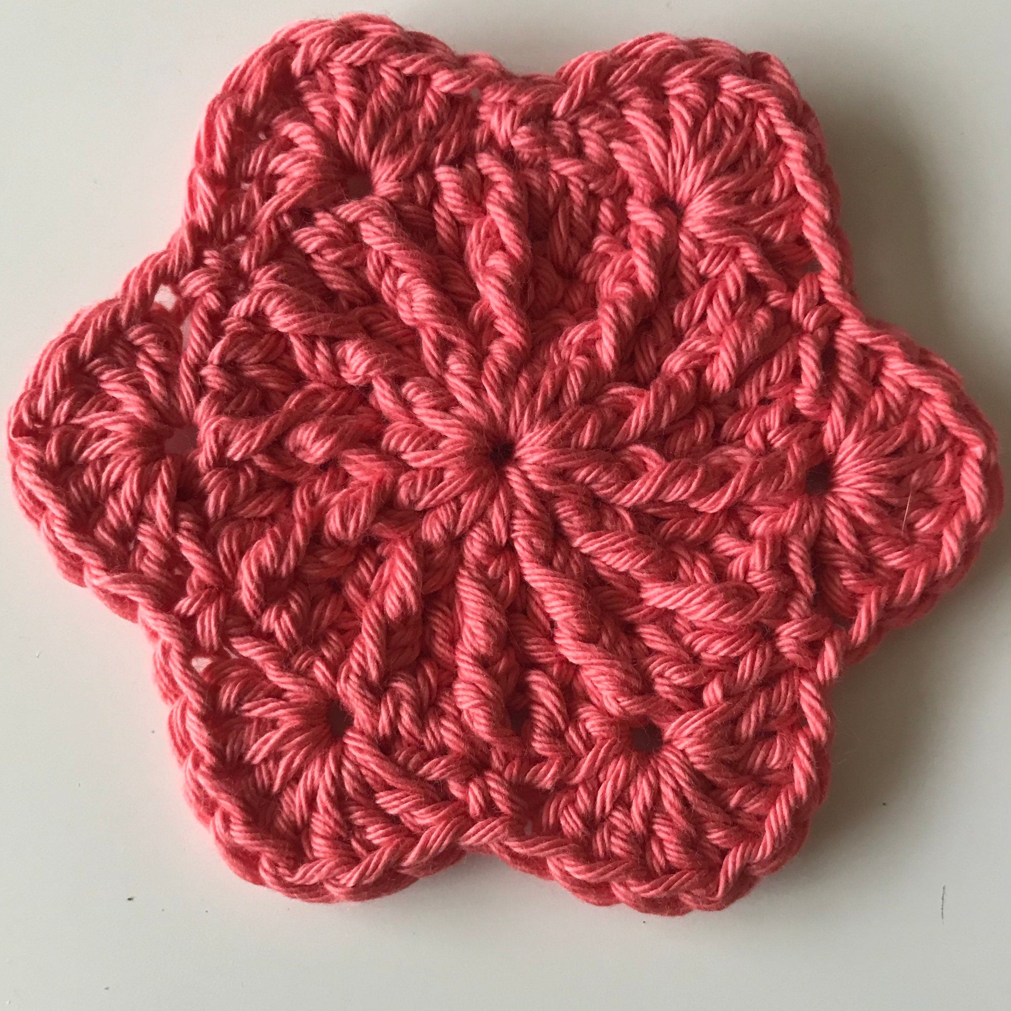 Crochet coaster coral pink yarn flower shape handmade style
