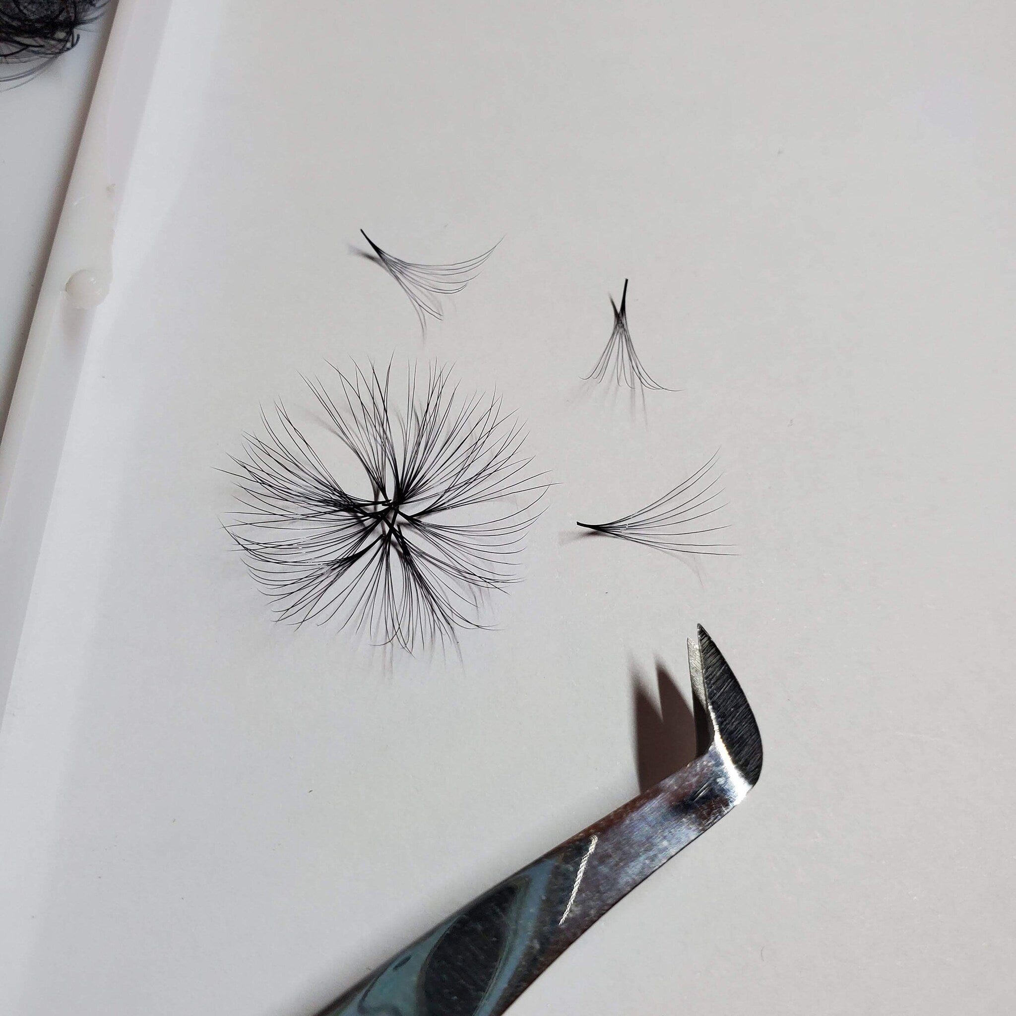 Eyelash extensions with black synthetic fibers and silver tweezers on white surface