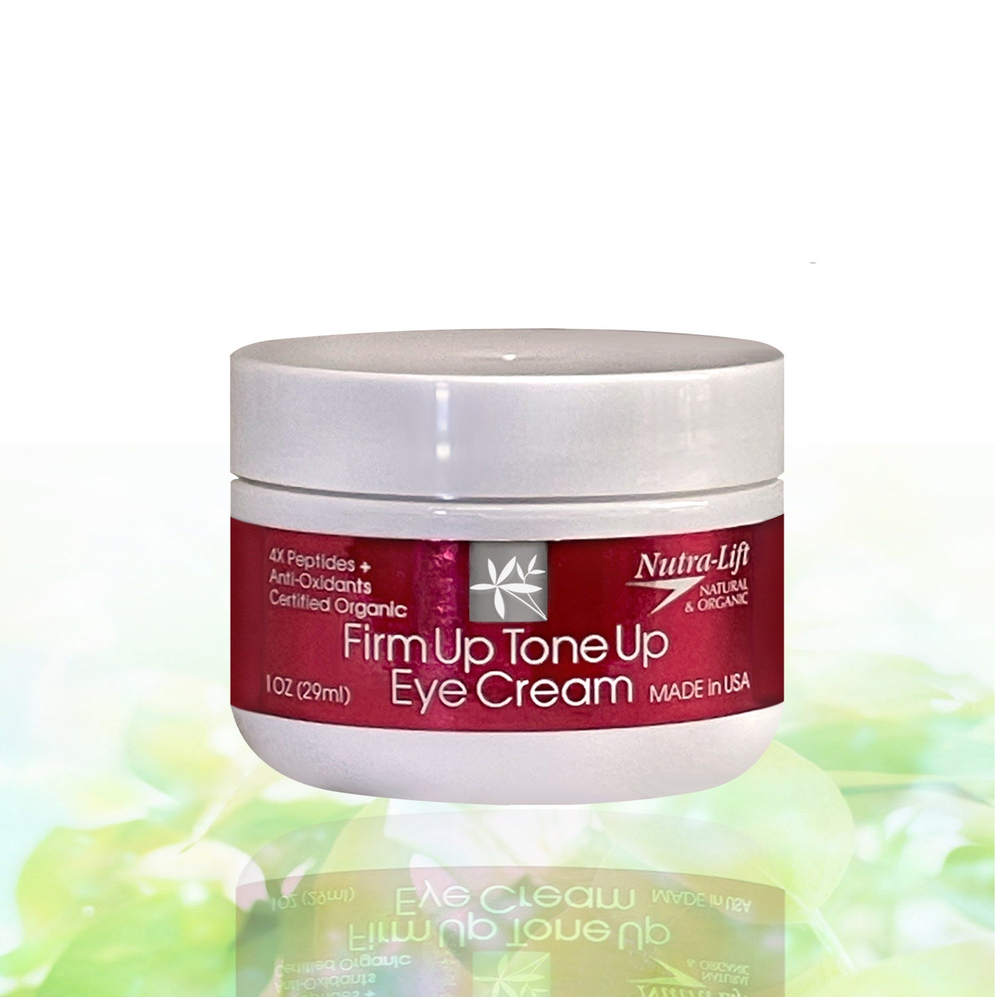 Eye cream jar, white lid, red label, Nutra-Lift text visible