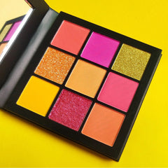 Eye shadow palette with vibrant colors, glitter, and matte finish, Jemaa brand