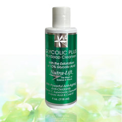 Facial cleanser bottle with green and white label, Nutra-Lift text, and white cap