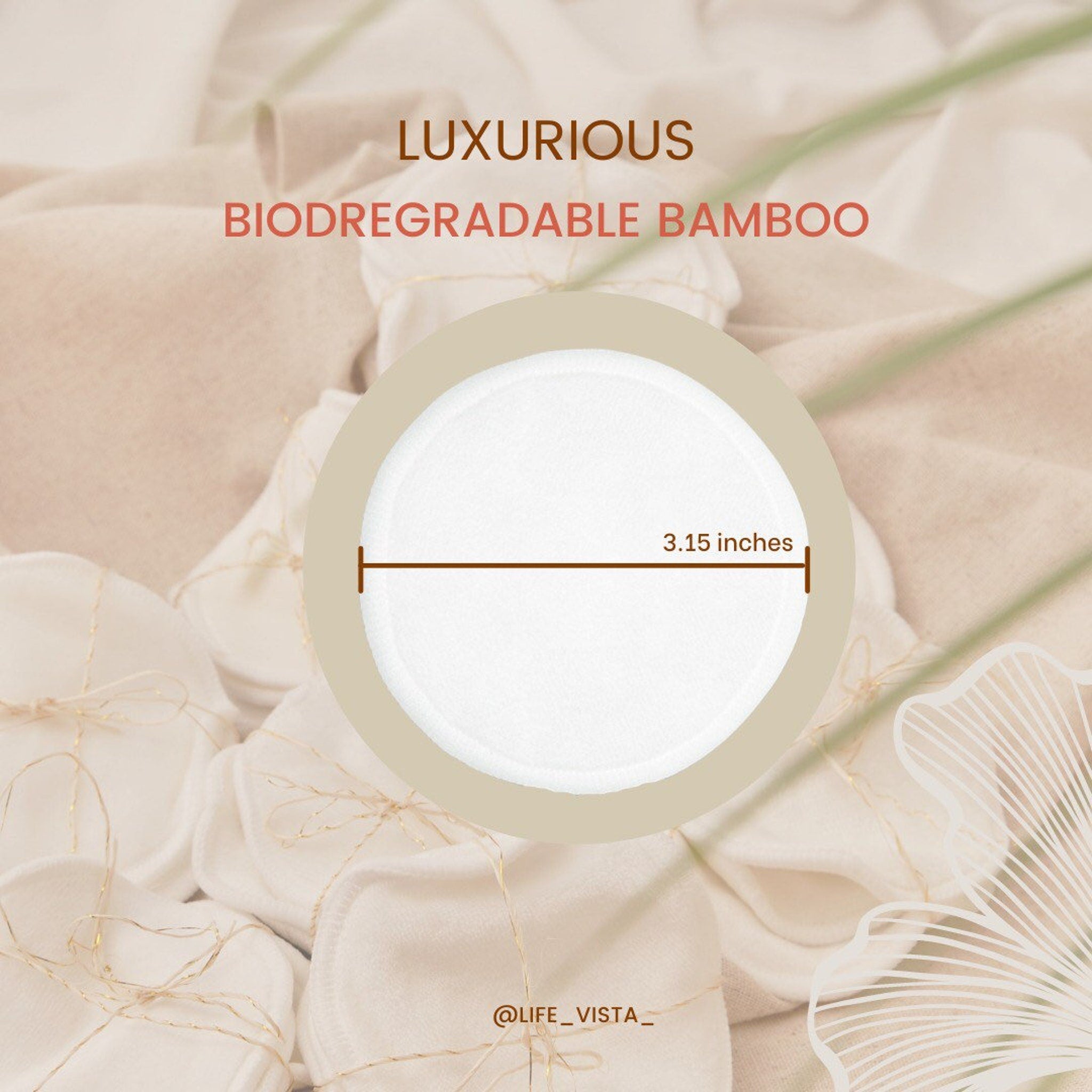 Reusable cotton pads, white circular pads, beige fabric background, @LIFE_VISTA_ text