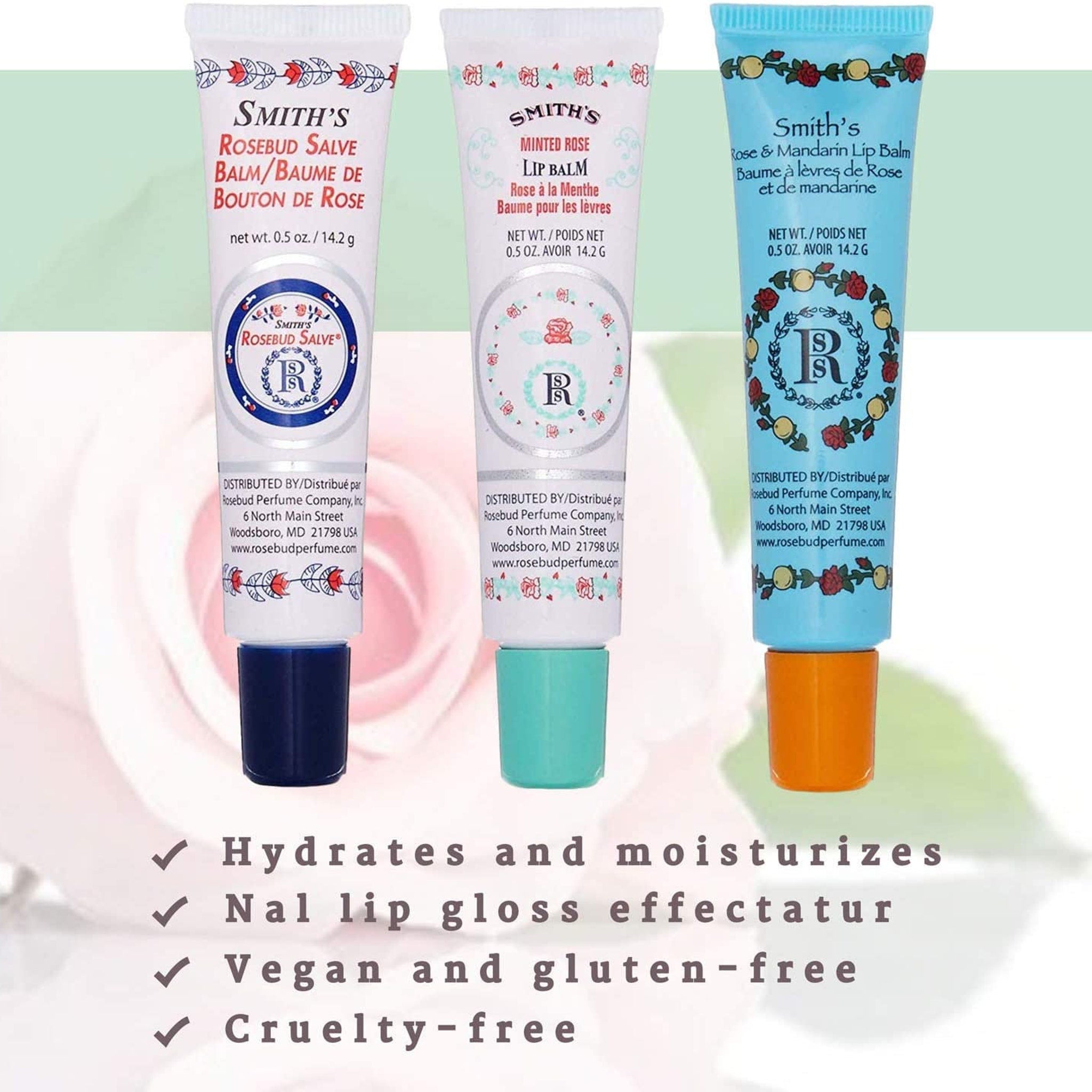 Lip balm tubes in white, blue, and teal with "Smith's" text and floral designs, various colors