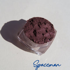 Eyeshadow loose pigment, dark brown with pink shimmer, in clear jar, Spaceman brand