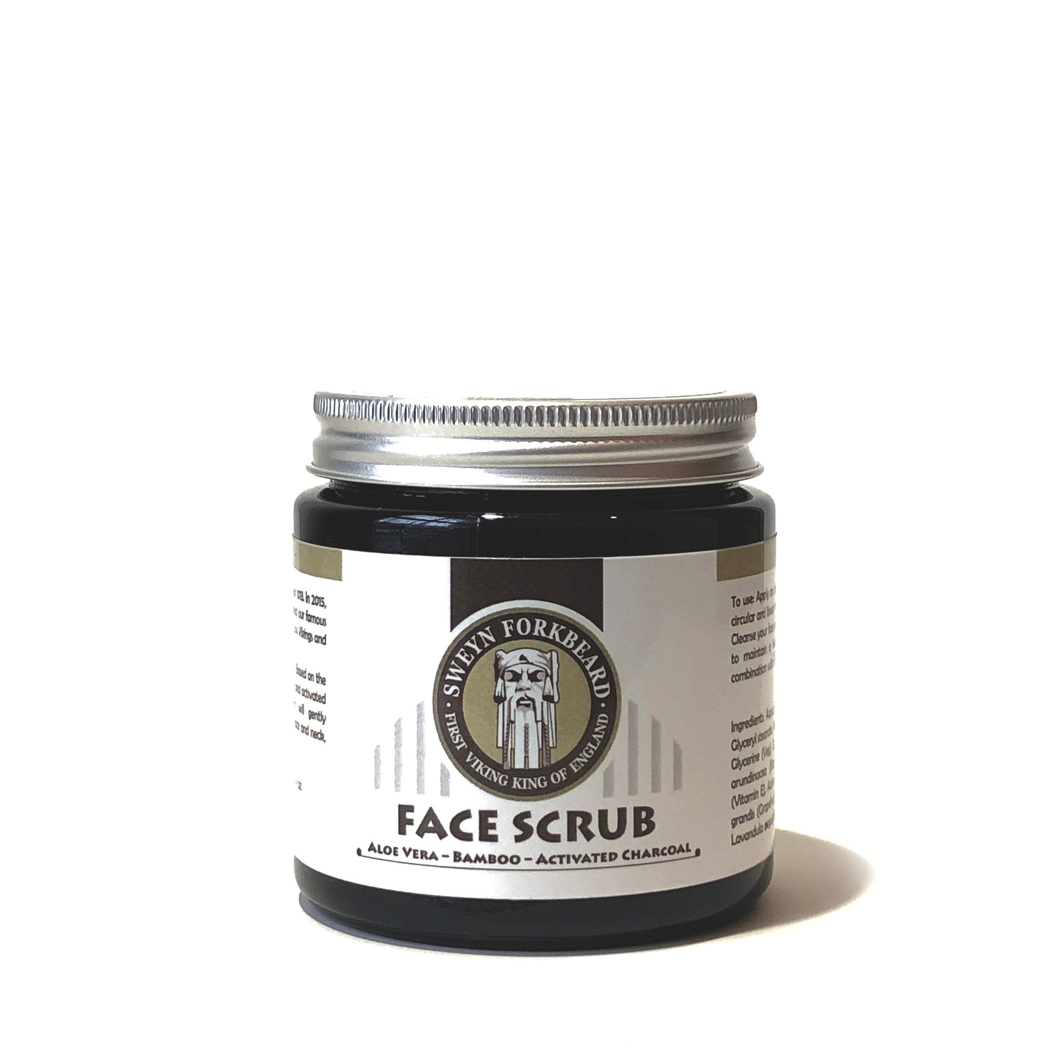 Face scrub jar with black glass, silver lid, and white label, Sweyn Forkbeard brand