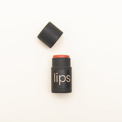 Tinted lip balm, black paper tube with coral balm, "lips" text visible