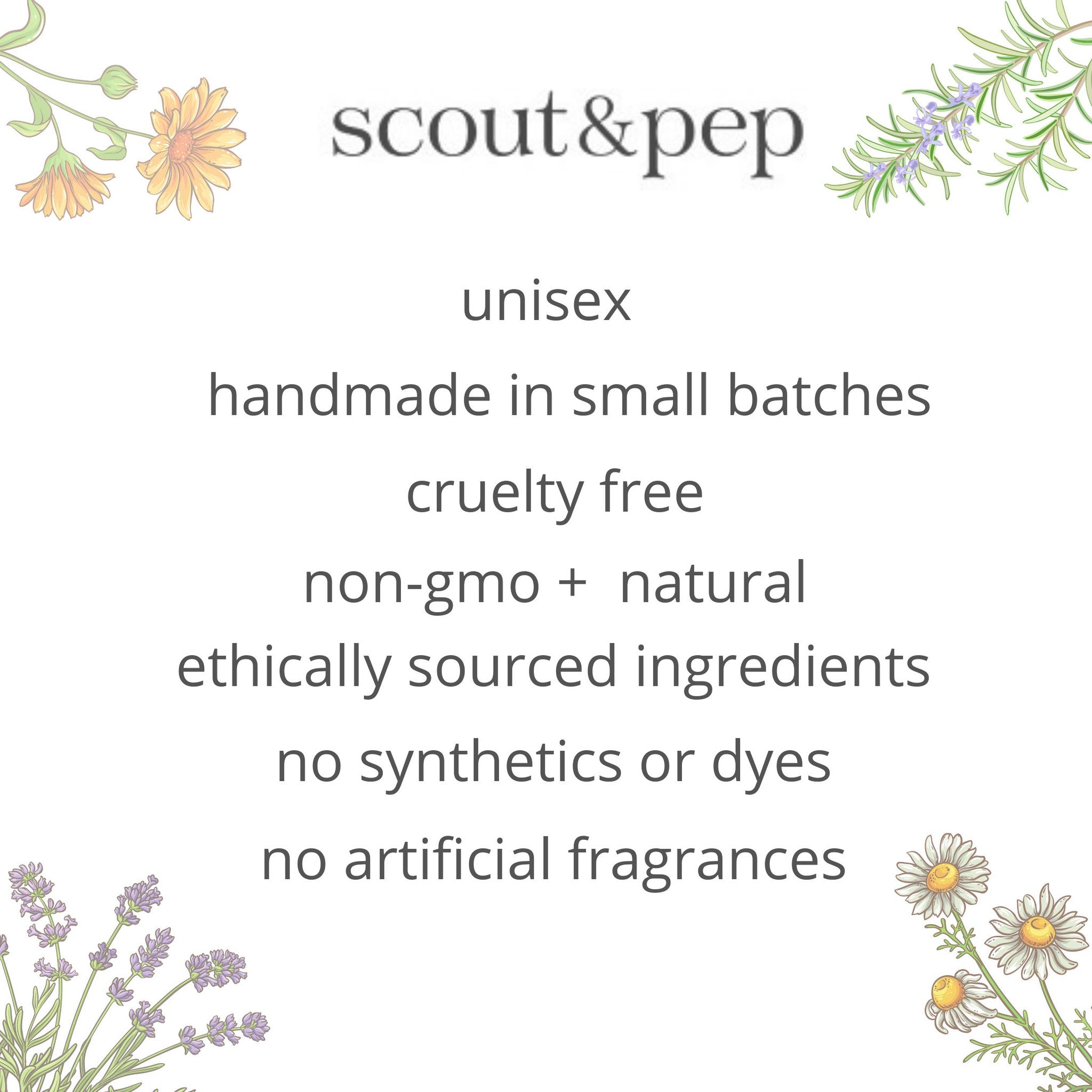 Scout & Pep branding with floral illustrations and text on white background, unisex product information