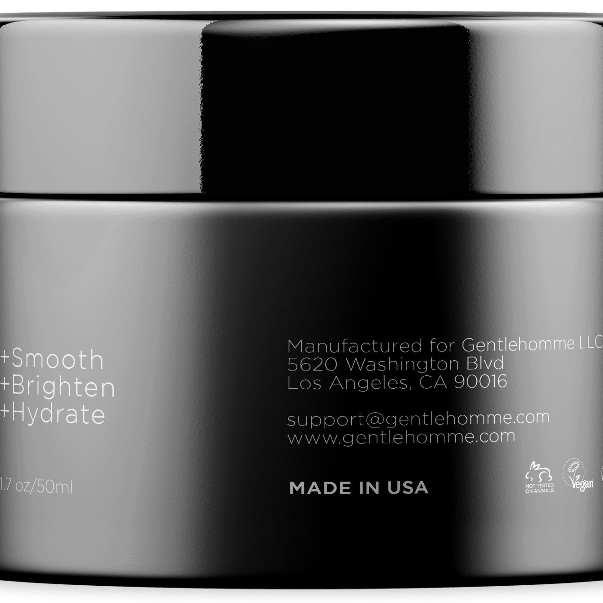 Facial cream jar, black and gray, glossy finish, Gentlehomme branding visible