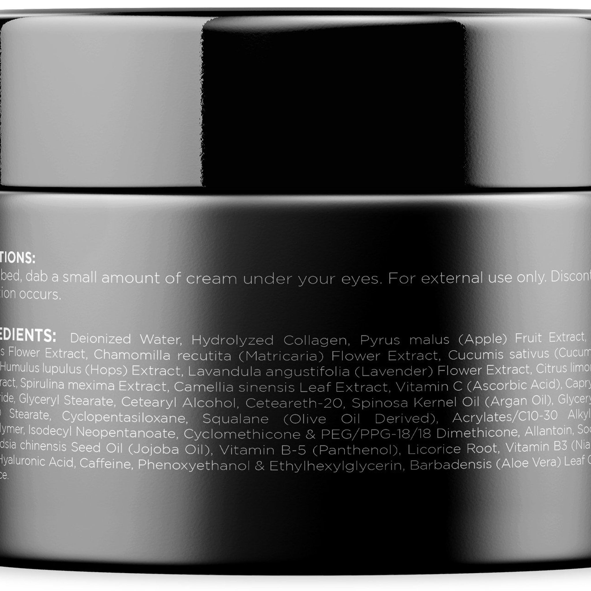 Eye cream jar, black glossy container, silver text label, product ingredient list