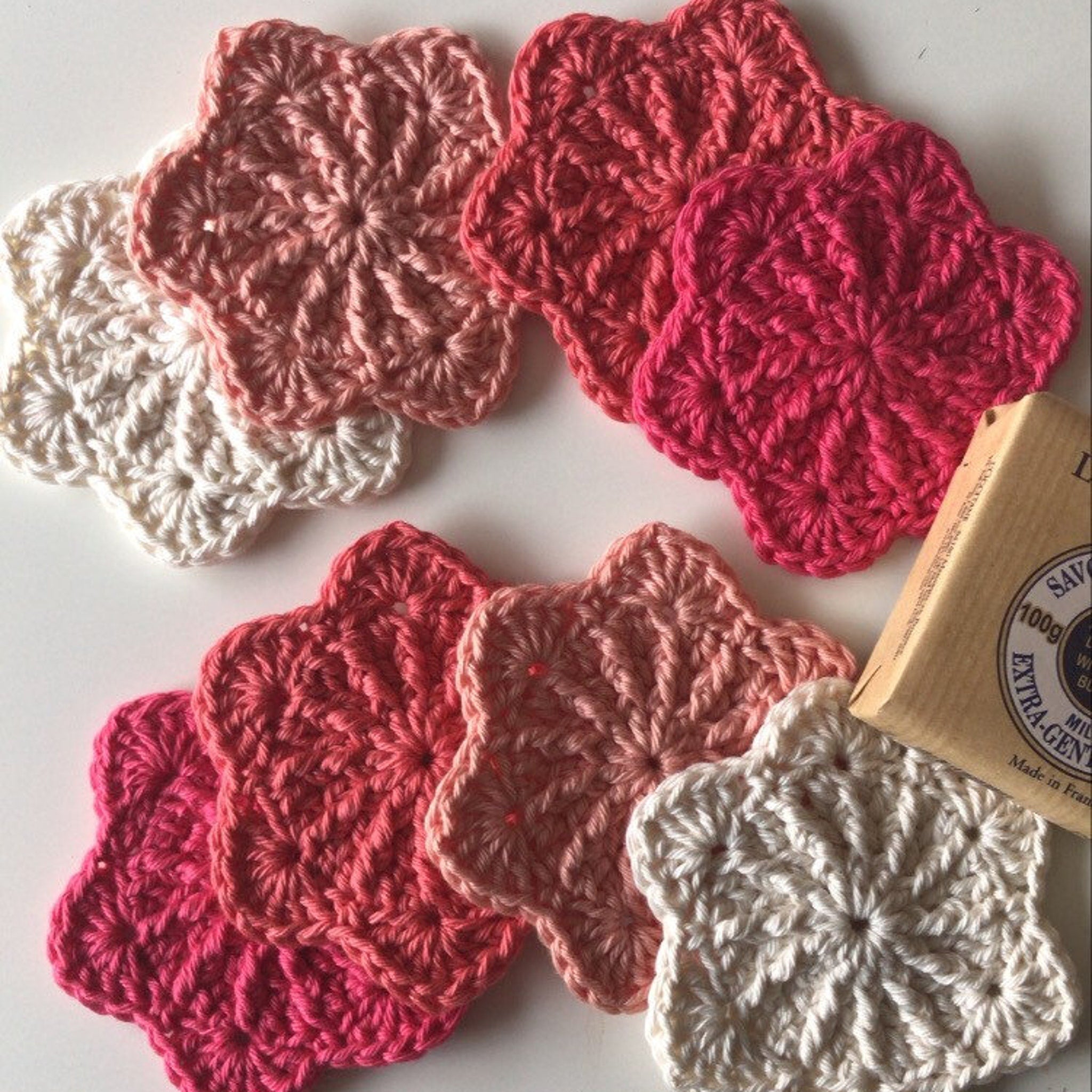 Crochet coasters, various colors, star shape, handmade cotton, with soap bar