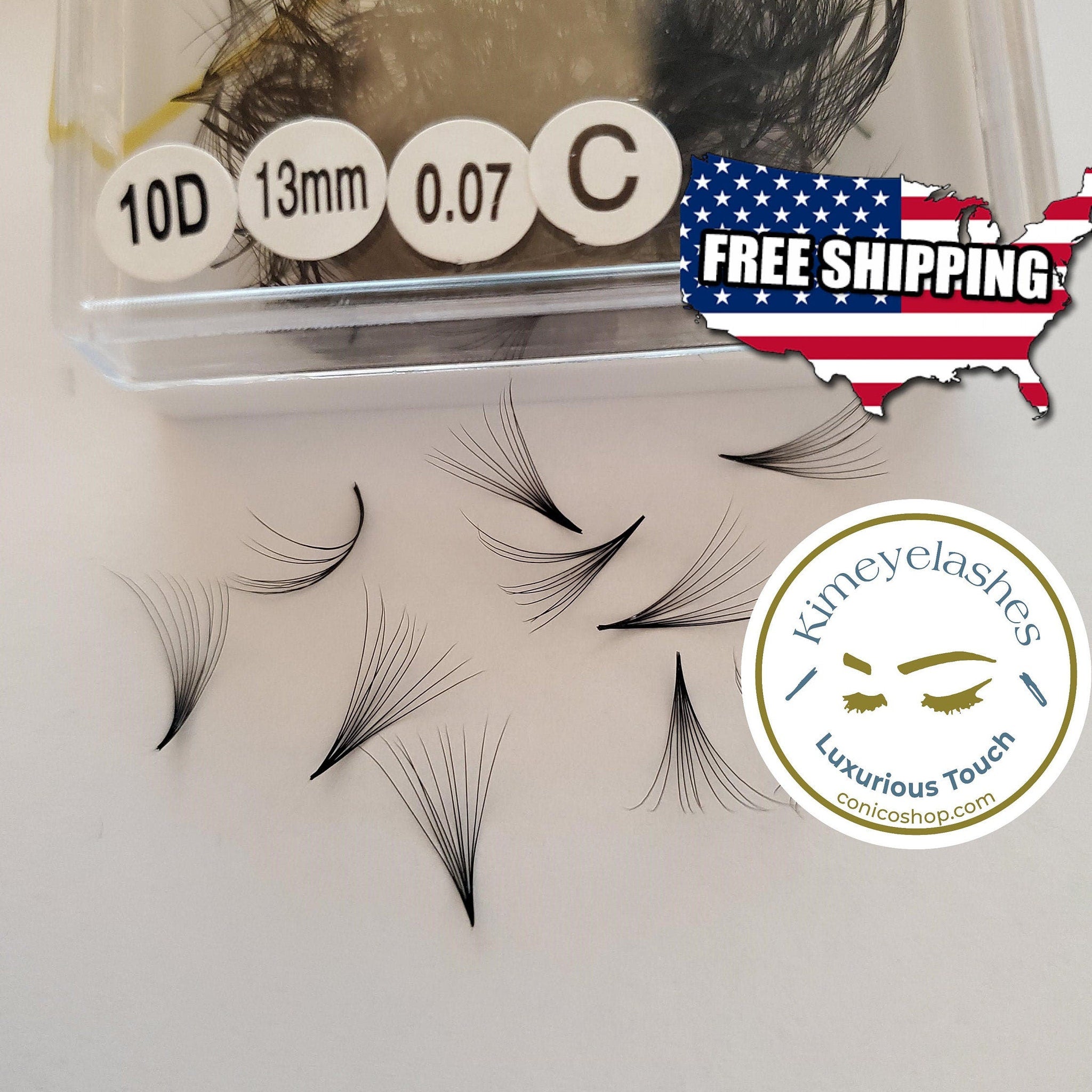 Eyelash extensions black fan lashes with Kimeyelashes logo and product details visible