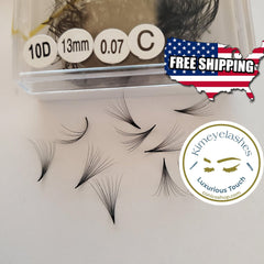 Eyelash extensions black fan lashes with Kimeyelashes logo and product details visible