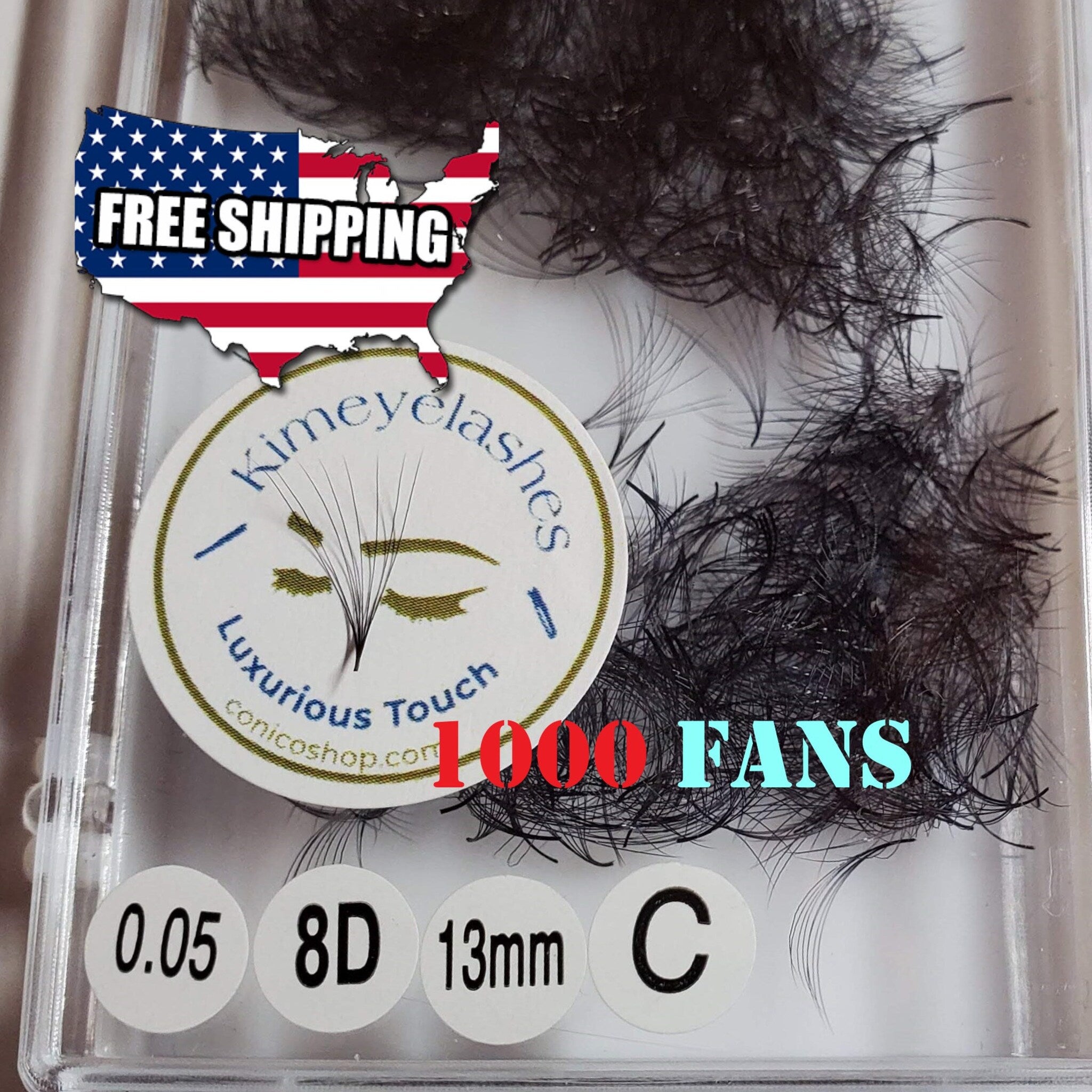 Eyelash extensions with black fans, Kimeyelashes brand, in clear container, with "1000 FANS" text visible