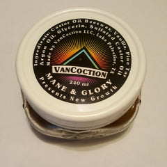 Hair growth product jar with white lid, black label, and VanCoction brand text visible