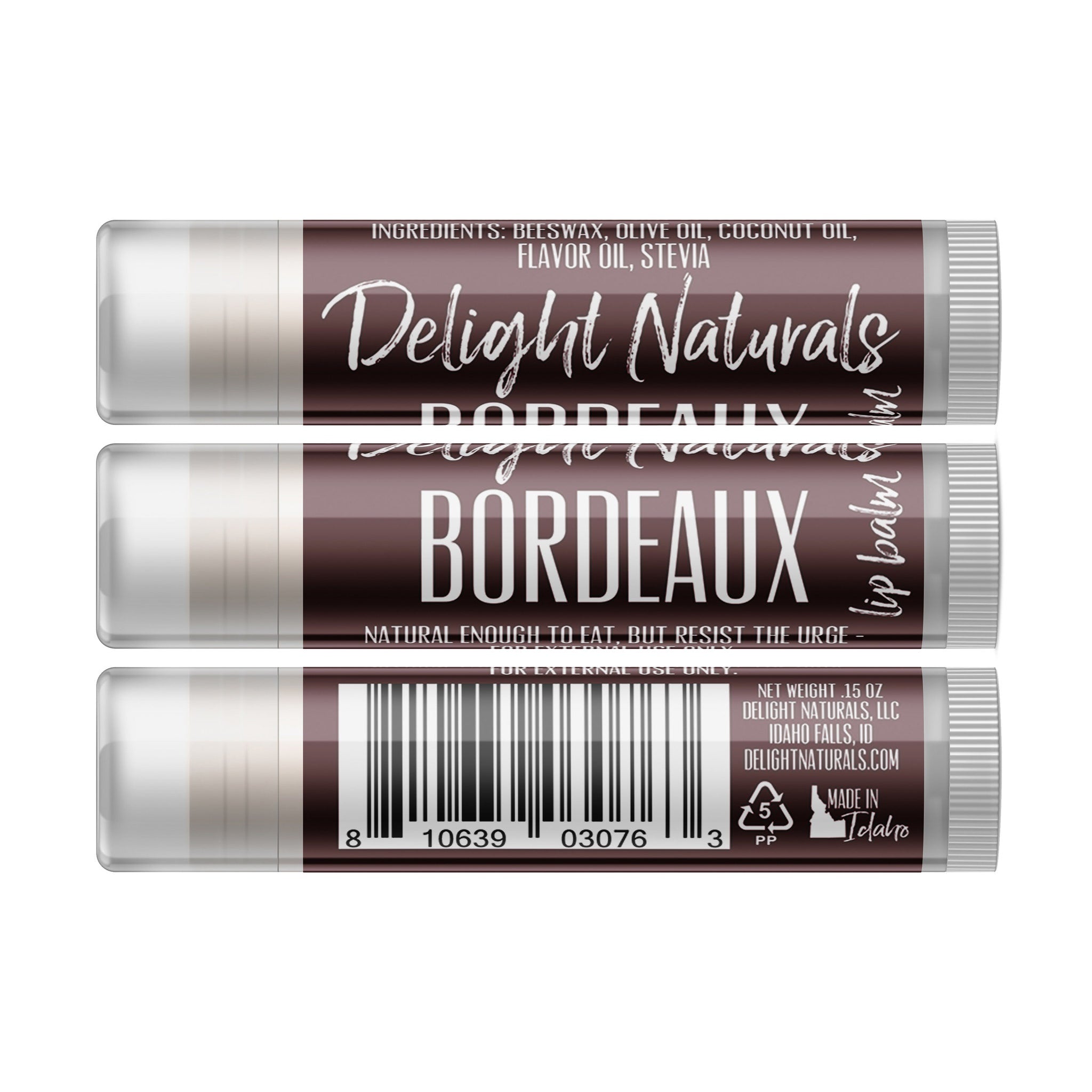 Lip balm tubes with white and brown packaging, Delight Naturals Bordeaux label, for external use only