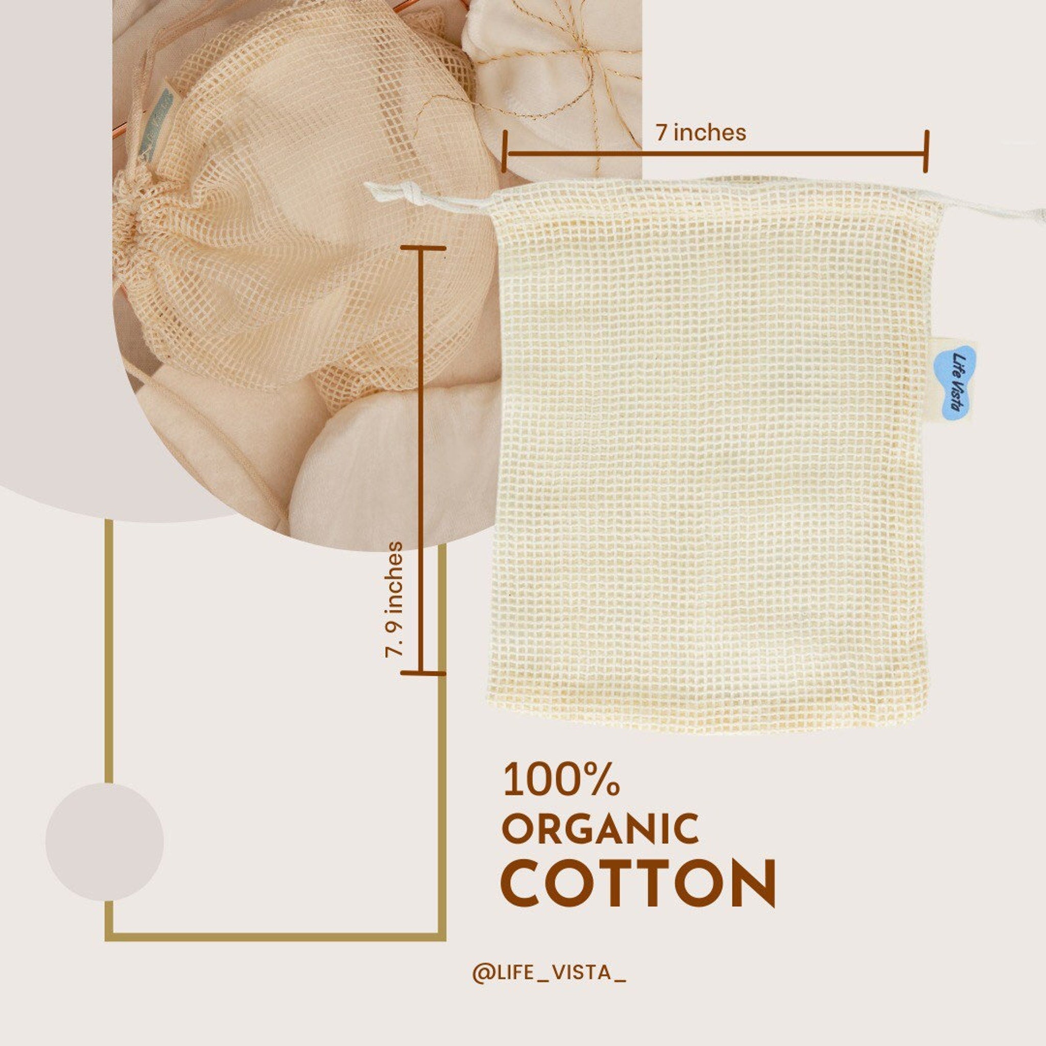 Reusable mesh bag, off-white cotton, drawstring closure, Life Vista label visible