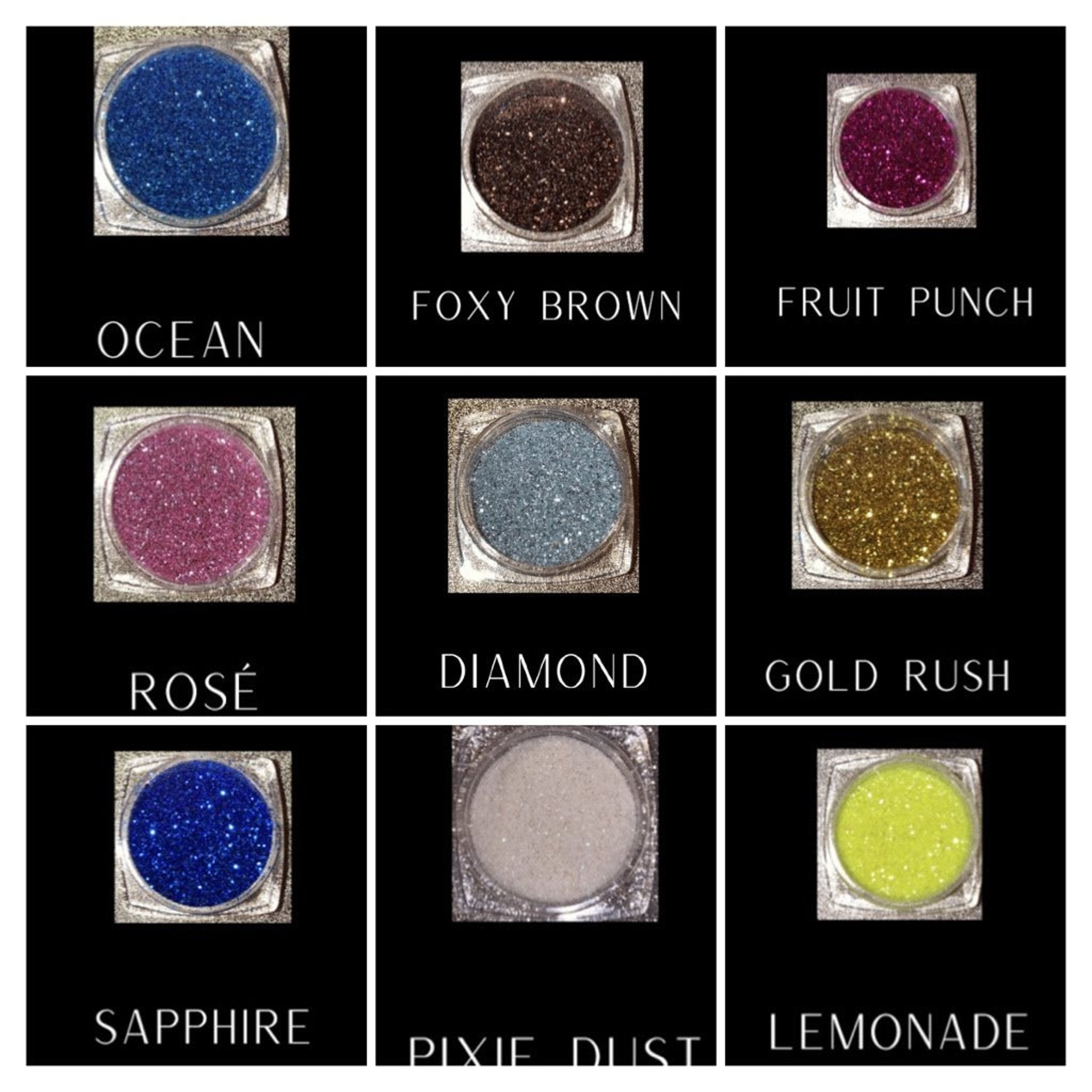 Side view of glitter eye shadow palette showing six vibrant shades with reflective shimmer particles in compact case