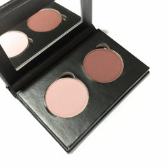 Pink and wine-colored mineral eye shadow duo in eco-friendly compact with smooth pressed finish