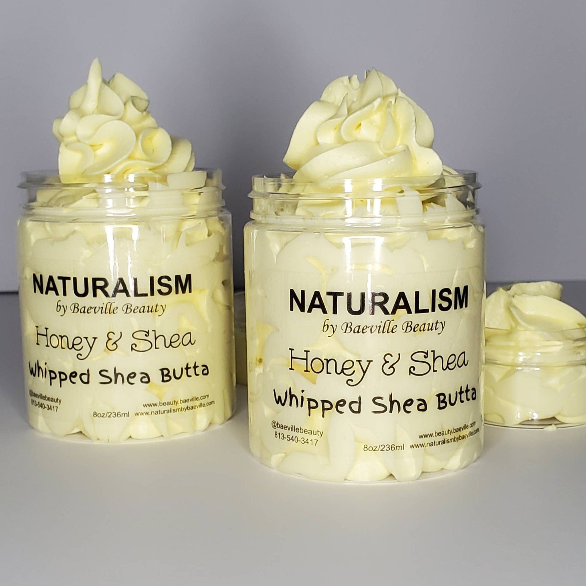 Whipped Shea Butter jars, light yellow color, whipped style, with Baeville Beauty branding visible