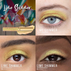 Lime green shimmer eyeshadow pot with metallic finish and sleek black compact packaging