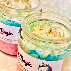 Close-up of pearlescent vegan lotion with iridescent sheen in minimalist white pump bottle